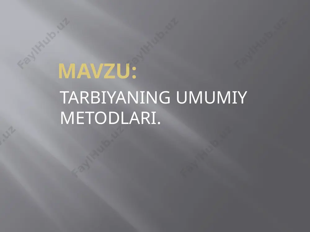 g shaxsa o’zi namuna bo’lishi,ayniqsa,yoshlarga katta ta’sir ko’rsatadi.ular o’qituvchining darsda va hayotda o’zini qanday tutishini o’z vazifalarini qanday bajarishini kuzatib yuradilar. o’z-o’zini tarbiyalash metodlari izohlash-tarbiyalanuvchiga hissiy-o’g’zaki ta’sir etish usuli.bu metod hikoya va tushuntirish orqali kechadi munozara tarbiyalanuvchilarga hissiy-og’zaki ta’sir ko’rsatish asosida ularda ma’naviy- axloqiy sifatlarni shakllantirishga yo’naltirilgan bahs-munozara usuli bo’lib, siyosiy,iqtisodiy,madaniy, estetik va huquqiy mavzularda o’tlaziladi. o’rgatish tarbiyalanuvchilar ijtimoiy xulq- atvor ko’nikmalar,odatlarini shakllantirish maqsadida rejali va izchil tashkil qilinadigan turli harakatlar,amaliy ishlardir. topshiriq o’quvchilarda mehnat ,ijtimoiy xulq va hayotiy tajriba ko’nikmalarini shakllantirish maqsadida qo’llaniladigan usul. pedagogik talab turli xatti- harakatlarni bajarish hamda faoliyatda ishtirok etish jarayonida o’quvchi tomonidan amal qilinishi zarur bo’lgan ijtimoiy xulq-atvor me’yorlari. rag’batlantirish tarbiyalanuvchining xatti- harakati va faoliyatiga ijobiy baho berish asosida unga ishonch bildirish, ko’nglini ko’tarish va uni qo’llab- quvvatlash usulidir. jazolash tarbiyalanuvchining xatti- harakati va faoliyatiga salbiy baho berish. tanbeh berish- eng muhim jazo turi.o’qituvchi o’quvchiga yuzma- yuz turib tanbeh beradi, buni kundaligiga yozib qo’yish …