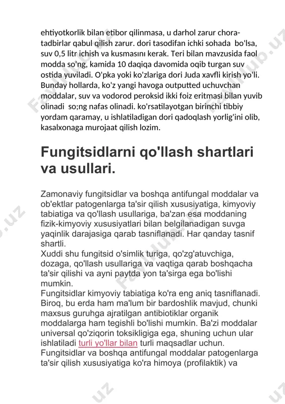 apevtik deb ataladi. himoya kontaktli fungitsidlar infektsiyani bostirishga qodir dozalarda o'simlikka kirmaydi, lekin uning yuzasida qoladi va u bilan bevosita aloqa qilganda patogenga ta'sir qiladi. ular asosan qo'ziqorinlarning reproduktiv organlarini inhibe qiladi va infektsiyani oldini oladi. turli qismlar o'simliklar (mevalar, barglar, poyalar, urug'lar) sirtdan. ularning ta'sir qilish muddati qayta ishlangan ob'ektlar yuzasida sarflangan vaqt bilan belgilanadi. himoya qiluvchi tizimli fungitsidlar o'simlik uchun xavfsiz bo'lgan konsentratsiyalarda kirib boradi yoki o'simlik tomonidan so'riladi va fungitsidni qo'llash joyidan uzoqda joylashgan qismlarga zarar etkazilishining oldini oladi. ular o'z harakatlarini bir necha usulda ko'rsatadilar: moddaning butun molekulasi fungitsid xususiyatlarga ega; moddaning parchalanish mahsulotlari (metabolitlari) harakat qiladi; modda yoki uning parchalanish mahsulotlari o'simlikda sodir bo'ladigan fiziologik va biokimyoviy jarayonlarga ta'sir qiladi, uning patogenlarga (immunizatorlar, tizimli psevdofungitsidlar yoki elitsitlar) chidamliligini oshiradi. ushbu dorilar asosan o'tli va yosh lignifikatsiyalanmagan o'simliklarga kiradi ildiz tizimi va transpiratsiya oqimi bilan ksilema bo'ylab akropetal yo'nalishda harakatlanadi. barglar tomonidan adsorbsiyalangan va floema yoki …