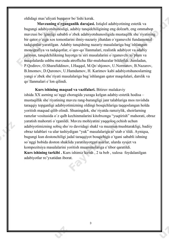 -barangligi janr talablariga mos ravishda taraqqiy topganligi adabiyotimizning oldingi bosqichlariga taqqoslangan holda yoritish maqsad qilib olindi. shuningdek, she`riyatda ramziylik, shoirlarning ramzlar vositasida o`z qalb kechinmalarini kitobxonga “yuqtirish” mahorati, obraz yaratish mahorati o`rganildi. mavzu mohiyatini yaqqoloq ochish uchun adabiyotimizning sobiq sho`ro davridagi shakl va mazmun mushtarakligi, badiiy obraz talablari va ular tashiydigan “yuk” masalalariga to`xtab o`tildi. ayniqsa, bugungi kun dostonchiligi jadal taraqqiyot bosqichiga o`tgani sababli ishning so`nggi bobida doston shaklida yaratilayotgan asarlar, ularda syujet va kompozitsiya masalalarini yoritish muammolariga e`tibor qaratildi. kurs ishining tarkibi . kurs ishimiz kirish , 2 ta bob , xulosa foydalanilgan adabiyotlar ro’yxatidan iborat. i bob. badiiy adabiyotning adabiy-estetik tabiati haqida. 1.1. badiiy asarning adabiy tabiati. badiiy ijod jarayonini ko‘pincha ayolning boshqorong‘i bo‘lishi, homila ko‘rishi va tug‘ishiga o ‘xshatishadi. buning asosi bor. obraz ham xayolga keladi, oy-kuni, vaqti-soati yetiladi va oxiri tug‘iladi. shuning uchun ham mirmuhsin «yozuvchi uchun hamma asari ham farzandidek aziz... shaxsan men uchun «degrez …