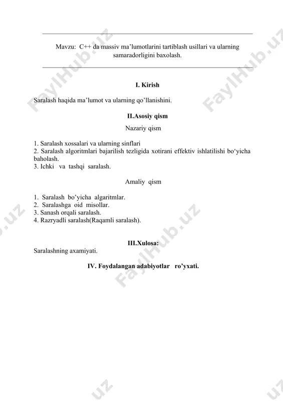 zaruriyati masalasi xar safar muoyyan vazifasiga nisbatan xal qilishi zarur. bunda tashqi xotira qurulmalari imkoniyatlari,opetativ xotira xajmi, ma’lumotlarga murojaat qilish tezligi, ularni yangilab turish tezligi va ishlov berish xarekteri kabilarni taxlil qilish zarur. turli ilovalarda tartibga solishning turli mezonlaridan foydalaniladi.ma’lumotlar ularga murojat qilish e’xtimolining qiymati, qancha tez-tez murojat etib turishiga ko’ra tartibga solishi mumkin.odatda, tartibga solish yozuv bo’yicha amalga oshiriladi. axbotot tizimlari bilan ishlov beriladigan ma’lumotlar birligi bir qator axborot maydonidan iborat bo’lgan yozuv xisoblanadi. yozuv faqat bittagina maydondan iborat bo’lishi mumkin va bu xolda u kalitli hisoblanadi. tartibliga solish natiyjasida yozuvlar kalitlarning qiymati ortib boorishi yoki kamayib boorish tartibida joylashadi. bunday tartibga solish jarayoni saralash deb ataladi. masalan , fakultet talabalaridan to’g’risidagi ma’lumotlardan iborat bo’lgan yozuvlar talabalarning reyting daftarchalari nomerlari bo’yicha tartibga solingan bo’lishi mumkin. yozuvlar dastlabki ketma-ketligi turli darajada tartibga solingan bo’lishi mumkin. balki yozuv elementlari belgilangan tartibda joylashgan bo’lishi mumkin. boshqa bir xolatda elementlarga teskari, yani yozuvlarning …