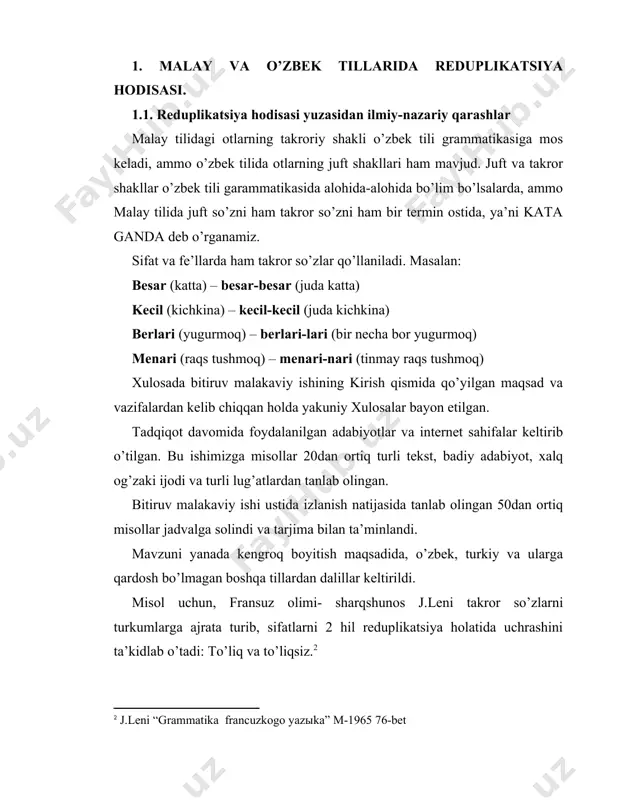 birinchi bo’g’ini qisqartirilgan takror so’zlar tim-tirislik (qop-qorong’u) jav-jarak a.kaydarov uyg’ur tilida juft-takror so’zlar va ularning o’ziga hosliklarini keng ko’lamda o’rganib chiqgan. u takror so’zlarni tashkil topish usullari bo’yicha bir tizimga solgan va ularni 4 guruhga bo’lgan : 1-guruh bir hil takror so’zlarni o’z ichiga oladi, ya’ni takror so’z o’zakni ikki marta hech o’zgarishsiz takrorlanishi natijasida hosil bo’ladi: pat-pat, hir-hir, pir-pir… 2-guruh turdosh ma’nodagi takror so’zlar: a) qofiyadosh takror so’zlar: at-mat, g’iring-piring b) shakli turlicha takror so’zlar: shalaq-shuluq, shaqir-shuqur c) kesishgan takror so’zlar: qip-qizil, ep-eniq 3-guruh turdosh ma’nolarni ifodalash uchun qo’llaniladigan takror so’zlarni biriktiradi: eylap-eylap topalmadim qarap-qarap ko’zum taldi bara-bara unutti… kaydarovning mazkur ishida tayanch iboralar sifatida juft-takror so’zlar termini ham birgalikda ishlatiladi. v.egorov o’zining maqolalaridan birida aytadi: “dunyoning juda ko’p tillarida so’z yasalishining eng qadimiy va eng oson usullaridan biri takror so’zdir. bir hil so’zni ikki marotaba qaytarilishi ya’ni, takror so’z sifat yoki miqdorni orttirish, harakat tezligigni yoki takroriyligi bilan …