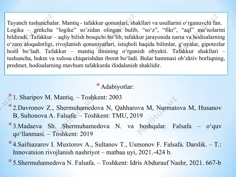 ning diqqat markazida muhokamani to’g’ri qurish bilan bog’liq qoidalar va mantiqiy amallar yotadi. formal mantiqga to’g’ri tafakkur shakllari qonunlarini o’rganuvchi falsafiy fan deb ta’rif berish mumkin. unda asosiy e’tibor mazmunga emas, shaklga qaratiladi. dialektik mantiq, formal mantiqdan o‘laroq tafakkurni uning mazmuni va shakli birgaligida hamda taraqqiyotida olib o‘rganadi. dialektik mantiq — inson tafakkurining rivojlanishi qonuniyatlari toʻgʻrisidagi taʼlimot, mantiq fanining alohida sohasi. dialektik mantiq ilmiga oid bilimlar antik davr faylasuflari: geraklit, platon, aristotel taʼlimotlarida mavjud edi. biroq ijtimoiy tafakkurdagi baʼzi cheklanishlar tufayli formal mantiq fikrlash va bilim jarayonida hukmron mavqeni egallab keldi. faqat xvii asrlardan boshlab, tabiatshunoslikda roʻy bergan keskin yuksalish natijasida formal mantiq bilish ehtiyojlarini qondira olmay qoldi. natijada, bilish jarayonida yangicha tafakkur metodlari va tamoyillari (f.bekon, dekart, leybnits va boshqalar) asoslab berila boshlandi. matematik mantiq esa tafakkurni matematik metodlar yordamida tadqiq etadi. u hozirgi zamon matematikasining muhim yo’nalishlaridan biri bo’lib, tafakkurni mantiqiy hisoblash deb ataladigan yuqori darajada formallashgan sistemada …