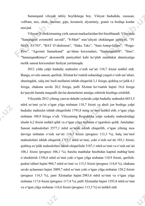 3009,7 mlrd so‘mni yoki o‘tgan yilga nisbatan 120,2 foizni (prognoz 114,5 %), jami xizmatlar hajmi 2983,6 mlrd so‘mni va o‘tgan yilga nisbatan 117,6 foizni (prognoz 117,4 %), pulli xizmatlar hajmi 1293,8 mlrd so‘mni va o‘tgan yilga nisbatan 116,6 foizni (prognoz 113,5 %) ni tashkil etdi. viloyatning moliyaviy holatiga e’tibor beradigan bshlsak, quyidagi natijalarga erishganligining guvohi bo’lamiz. iqtisodiyotga yo‘naltirilgan kredit qo’yilmalar hisobot davrida 797,2 mlrd.so’mni tashkil etib prognoz bajarilishi 144,6 foizga, ajratilgan kreditlarning 589,9 mlrd.so’mi yoki 74,0 foizi uzoq muddatli kreditlardir. jami kredit mablag’larning 409,7 mlrd.so‘mi yoki 51,4 foizi kichik biznes sub’ektlarini moliyalashtirishga yo‘naltirildi va ushbu ko‘rsatkich o‘tgan yilning mos davriga nisbatan 133,1 foizni tashkil etib, shundan 3 mlrd. 199,0 mln.so‘mi imtiyozli kreditlash jamg‘armasi mablag‘lari hisobidan berilgan kreditlar bo‘lib prognoz bajarilishi 1,6 marta bajarilishiga erishildi. natijada viloyat yalpi hududiy mahsuloti hajmi belgilangan prognozga nisbatan 0,8 bandga o‘sishiga erishildi. yalpi hududiy mahsulot tarkibida kichik biznes va xususiy tadbirkorlik sohasining ulushi 76,3 foizga, …
