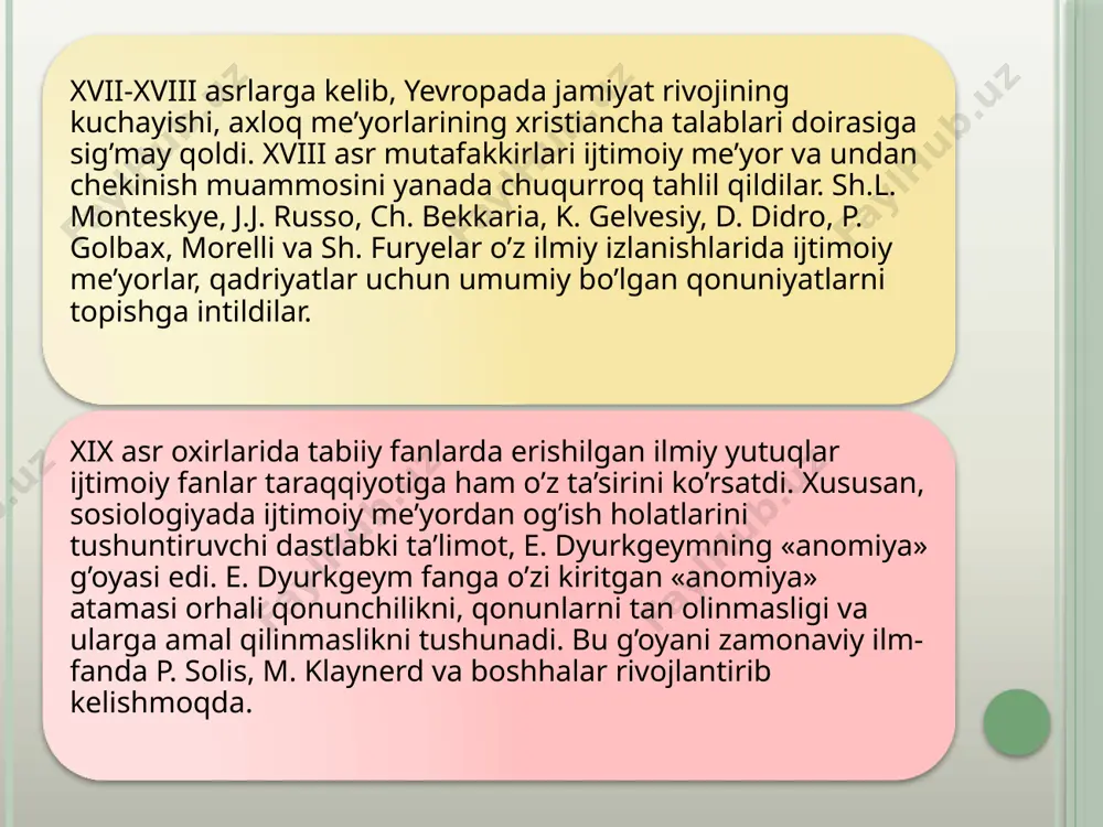 kin. bular shaxs xususiyatlari, muammoli holat va ijtimoiy nazorat institutlari. aynan mana shu omillar shaxsning qanday faoliyat yuritishini belgilab beradi. shaxs xususiyatlarining shakllanishida asosan 3ta omil muhim ahamiyat kasb etadi, bular: 1) irsiy omillar; 2) psixofiziologik omillar; 3) shaxsning bilim darajasi. shuningdek, ijtimoiy og’ishlarning yuz berishiga shaxsning qat’iyatli yoki qat’iyatsizligi, prinsipiallik yoki prinsipsizligi, qoidalarga bo’ysunish yoki bo’ysunmaslik odatlari, biron bir qarorga kela olish imkoniyati, tashqi ta’sirga qanchalik berilishi, irodasi va boshqa shu kabi psixofiziologik holatlari, mi’jozi ham katta ta’sir ko’rsatadi. ijtimoiy buzilishlarni o’rganishda muammoli vaziyat muhim ahamiyat kasb etadi. muamoli vaziyat shunday holatki, u subyektdan yechimini talab qiladi, uning yechimi ijtimoiy me’yorlard ko’rsatilgan bo’lsada, u yoki bu sabablarga ko’ra, ushbu me’yorlarni qo’llash qiyinroq bo’ladi. eng katta muammoli vaziyat ziddiyatli holatlarda, ya’ni turli shaxslar yoki guruhlarning manfaatlari bir-birlariga to’qnash kelganda yuz beradi. shu o’rinda ta’kidlab o’tish joizki, o’z joniga qasd qilishlarnng 40%i oilaviy ziddiyatlar oqibatida sodir etiladi. ziddiyatli holatlarni yuzaga kelishida …