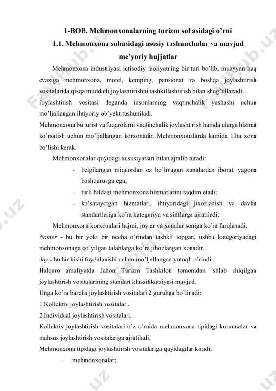 flotellar; · rotellar; individual joylashtirish vositalariga quyidagilar kiradi: ijaraga beriladigan kvartiralar, kvartiradagi xonalar, uylar va kottedjlar. mehmonxona xo’jaligi sohasida ikkita asosiy me’yoriy hujjat mavjud. bular: 1.“turist-ekskursion hizmat. mehmonxonalar klassifikatsiyasi”1998 yil, 918-98 raqami bilan ro’yxatga olingan o’zbekiston respublikasi standartidir. 2.o’zbekiston respublikasi adliya vazirligi tomonidan 1997-yil 12-yanvarda 389-raqam bilan ro’yxatga olingan “o’zbekiston respublikasida mehmonxona hizmatlarini ko’rsatish qoidalari” dir. “mehmonxonalar klassifikatsiyasi” davlat standartida turli kategoriyadagi mehmonxonalarga qo’yilgan talablar ko’satilgan. ushbu me’yoriy hujjatga ko’ra ihtiyoriy kategoriyadagi mehmonxona quyidagi talablarga javob berishi kerak: 1) ihtiyoriy kategotiyadagi mehmonxona yol harakati ko’rsatgichlariga ega bo’lgan qulay yo’laklarga, obodonlashtirilgan va yoritilgan hudud, avtotransportni (jumladan avtobusda) to’xtastish va qayriltirish mumkin bo’lgan qattiq qoplamali maydonga ega bo’lishi, korxona nomi va kategoriyasini ko’satuvchi yorliq, agarda restoranga alohida kirish eshigi mavjud bo’lsa uning nomi yozilgan ko’rsatgich mavjud bo’lishi kerak. agarda mehmonxona binoning bir bo’lagida joylashgan bo’lsa, alohida kirish yo’lagiga ega bo’lishi shart. 2)mehmonxonaning arxitektura-rejalashtirish va qurilish elementlari, ishlatiladigan texnik jixozlar kmk 2.08.02-96 ga …