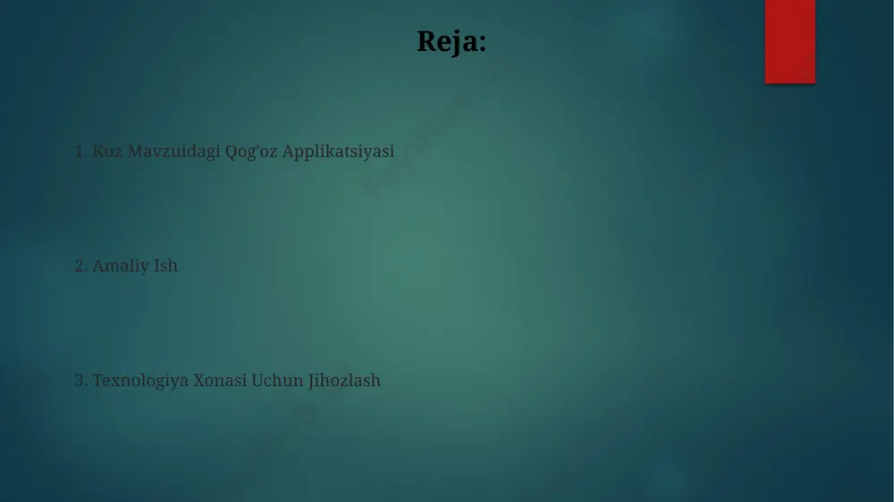 ranglarni tanlashda issiq, kuzgi ohanglarga (sariq, qizil, to'q sariq) ustunlik berish maqsadga muvofiq. kuz mavzusidagi applikatsiyani yaratishda 10-15 daqiqalik tayyorlash vaqti yetarli bo'ladi. bunday holda, bolalar o'zlari rasmga 5-7 ta element qo'shishi mumkin. ranglar va shakllar “ranglar va shakllar” mavzusi 2-sinf o‘quvchilari uchun geometrik shakllarni (aylana, kvadrat, uchburchak) 5 xil rangda (qizil, ko‘k, yashil, sariq, binafsha) aniqlash va tasvirlash ko‘nikmalarini rivojlantirishga qaratilgan. 5-6 yoshli bolalar uchun “ranglar va shakllar” darsida turli xil materiallar (qog‘oz, plastilin, tabiiy materiallar) yordamida 3 o‘lchovli shakllarni yaratish fazoviy tasavvurini rivojlantirishga va nozik motorikasini yaxshilashga yordam beradi. texnologiya xonasi uchun jihozlar технология хонасини 5-10 та интерактив доска билан, юқори тезликдаги интернетга уланган 20 тадан ортиқ компьютер ва 3d принтер каби замонавий технологиялар билан жиҳозлаш таълим сифатини оширади. технология хонасига мултимедия проекторлари, hd сифатли камералар ва аудио тизим каби жиҳозларни ўрнатиш, ўқитишнинг интерактивлигини ошириб, амалий машғулотларни ташкиллаштириш имконини беради. ijodiy yondashuv "ijodkorlik yondashuvi" boshlangʻich sinflarda 5-7 yoshli …