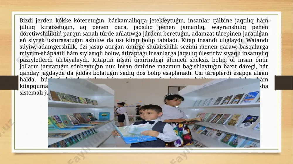 dulla avloniy, niyaziy, yusuf xas hajib, jalaliddin rumiy sıyaqlı oyshıllarımız benen tanıstıramız hám olardıń tárbiyalıq áhmiyetke iye bolgan pikirleri bolsa bala tárbiyasında tiykarģı derek bolip xizmet etedi. respublikamız prezidenti de jas áwlad tálim-tárbiyasında kitaptıń ornı hám áhmieti sheksiz ekenin ayrıqsha atap ótip, "házirgi waqıtta málimleme-kommunikaciya tarawındaǵı sońǵı jetiskenliklerdi ózlestiriw menen birge, jaslardıń kitap oqıwǵa bolǵan qızıǵıwshılıǵın arttırıwǵa, olardıń kitap penen dos bolıwına, xalıqtıń kitapqumarlıq dárejesin jáne de arttırıwǵa zamanagóy kitapqumarlıqta estetikalıq sezim hám talǵam úlken áhmiyetke iye. estetikalıq talǵamģa iye bolgan insan qorshagan ortalıqtı gózzallıq hám sıqılsızlıq, ullılıq hám páslik, tragediyalıq hám kúlkililik sıyaqlı kriteriya túsinikler arqalı kózden ótkeredi. joqarı estetikalıq talǵamǵa iye boliw insannıń ózine ǵana emes, átirapındaǵılarǵa da unamlı tásir kórsetedi. bul qábilet tábiyiy-tuwmalıqqa barıp taqalsa da, biraq ózin tiykarınan tárbiya, sociallıq qatnasıqlar arqalı júzege shıǵaradı. estetikalıq talǵam hám aqılıy, hám ádep-ikramlılıq, hám sezimlik tárbiya úylesken uliwmalıqtan ibarat. atap ótiliwinshe, búgingi kúnde mektepke shekemgi hám mektep bilimlendiriwi ministrligi …