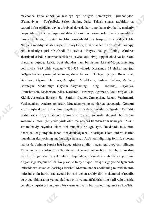 a`nosida) kamdan-kam uchraydi. ix-xii asr ma`naviy hayotida islom dini muhim o`rin egallaydi. bu davrda musilmon sharqida keng tarqalib, jahon dini darajasigacha ko`tarilgan islom dini va shariat musulmon dunyosining mafkurasiga aylandi. arab xalifaligining fotihlik siyosati natijasida o`zining barcha haq-huquqlaridan ajralib, madaniyati oyoq osti qilingan movaraunnahr aholisi o`z e`tiqodi va xat savodidan mahrum bo`lib, islom dini qabul qilishga, shariiy ahkomlarini bajarishga, shunindek arab tili va yozuvini o`rganishga majbur bo`ldi. ko`p vaqt o`tmay e`tiqodli xalq o`ziga yot bo`lgan arab imlosida xat-savod chiqarishga kirishdi. movaraunnahr aholisining murakkab arab imlosini o`zlashtirib, xat-savodli bo`lishi uchun arabiy tilni mukammal o`rganib, bu o`zga tilda asarlar yarata oladigan olim va mutaffakkirlarning yerli xalq orasida yetishib chiqishi uchun qariyb bir yarim asr, ya`ni besh avlodning umri sarf bo`ldi. shunday bo`lsa-da, bu davr buyuk allomalar bilan bir qatorda islom ta`limotining rivojiga ulkan hissa qo`shgan imom al-buxoriy, iso termiziy va muxmud zamahshriy kabi ulamolarni kamolotga yetkazdi. movaraunnahr va xurosonda xalifalik hukmronligi tugatilib, …