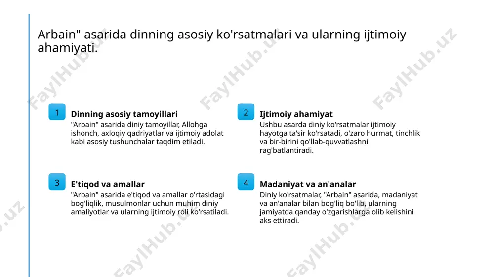 ijtimoiy birlik va qadr-qimmatni ta'minlaydi. 2 an'anaviy qadriyatlar "arbain" asarida an'anaviy qadriyatlar, xususan, sabr, toqat va adolat kabi tushunchalar, jamiyatda muhim rol o'ynaydi va qadimiy merosni davom ettiradi. 3 zamonaviy ta'sir "arbain" asarlarining zamonaviy jamiyatdagi ta'siri diniy va madaniy integratsiyani kuchaytiradi, bu esa ijtimoiy hayotda muvozanatni saqlaydi. teologik jihatdan arbain: din va qonun o'rtasidagi muvozanat din va qonun o'rtasidagi munosabat teologik asoslar zamonaviy talqin arbain asarida din va qonun o'rtasidagi muvozanat muhim ahamiyatga ega. bu munosabatlar, shariat va diniyatning asosiy tamoyillarini o'z ichiga oladi. arbain matnlarida teologik asoslar sifatida qur'on va sunnatga tayangan holda, qonun va din o'rtasidagi uyg'unlik ko'rsatiladi, bu esa ijtimoiy barqarorlikni ta'minlaydi. zamonaviy jamiyatda arbain asaridagi diniy va qonuniy tushunchalar yangicha talqin qilinmoqda. bu, dinning ijtimoiy hayotga integratsiyasini kuchaytiradi. arbain va zamonaviy jamiyat: madaniy integratsiya va diniy qiyos 1 madaniy integratsiya "arbain" asarlari, turli madaniyatlar o'rtasida ko'prik vazifasini bajarib, islomiy qadriyatlarni zamonaviy kontekstda o'zaro bog'laydi. 2 diniy …