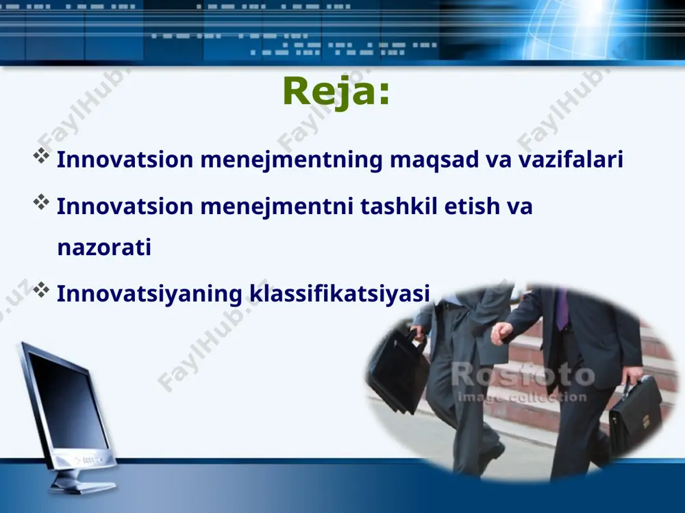 asini shakllantirish va qabul qilingan rivojlanish strategiyasini realizatsiya qilish bo‘yicha rejaviy tadbirlar dasturi tayyorlanadi. shuning uchun innovatsion faoliyat amalga oshirilayotganda jamoaga ham aniq vazifalarni bo‘lib berilishi kerak. innovatsiyalarning maqsadlari xilma-xiligi bir-biri bilan bog‘liq va bir biriga qarama - qarshi bo‘lmasligi kerak. ularning asosiylariga quyidagilar kiradi. qismlash ya’ni qanday bizga iqtisodiy nazariyadan ma’lum oddiy ishlab chiqarish kengaytirilgan takror ishlab chiqarishga aylandi bunga asosiy sabab bo’lib oddiygina innovatsiya ya’ni vositachining boshqa xududlar talabini o’rganish va o’z taklifi bilan maxsulot xaridorini ko’paytirishi va talabning ko’payganligi sababli o’sha maxsulotni ishlab chiqarishga bo’lgan extiyojni oshishi o‘z navbatida ishlab chiqaruvchi maxsulot ishlab chiqarish tezligini oshirish maqsadida mexnat taqsimotini vujudga keltiradi demak maxsulotni qismlarga bo‘lib ishlab chiqarish samara berganidek amalga oshirilayotgan maqsadni g‘oyani xam qismlarga bo‘lgan xolda amalga oshirish talab qilinadi ya’ni har qanday daraxt bir vaqtning o’zida ko‘karmaganidek g’oya xam birdaniga amalga oshmaydi va ularni alohida tizim bo‘yicha bo‘limlariga yetkazish: innovatsiyalarni rejalashtirish resurs bilan ta’minlanganlik va …