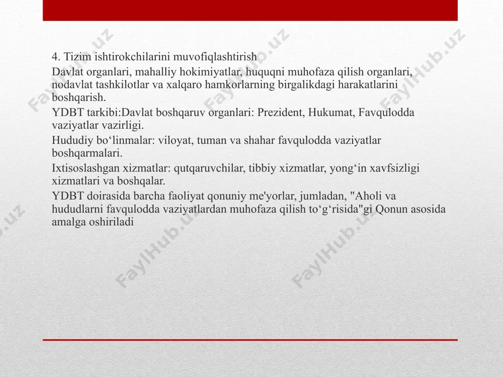 3.aholini va hududlarni favqulodda vaziyatlardan muhofaza qilish yuzasidan maqsadli va ilmiy-texnik dasturlarni hamda tadbirlarni rejalashtirish va amalga oshirish, shuningdek, ushbu soha bo‘yicha ilmiy-tadqiqot va innovatsion faoliyatni rivojlantirish; 4.fvdtning barcha darajadagi boshqaruv organlari va favqulodda vaziyatlarning oldini olish hamda ularni bartaraf etish uchun mo‘ljallangan kuchlar va vositalarning doimiy tayyorligini ta’minlash; 5.aholini va hududlarni favqulodda vaziyatlardan muhofaza qilish sohasidagi ma’lumotlarni yig‘ish, tahlil qilish, almashish, axborot tayyorlash va berish; 6.aholini, fvdt boshqaruv organlarining mansabdor shaxslarini, qutqaruv xizmatlari va qutqaruv tuzilmalari, shuningdek, fuqaro muhofazasi tuzilmalarini favqulodda vaziyatlarda harakat qilishga tayyorlash; 7.favqulodda vaziyatlarni bartaraf etish uchun moliyaviy va moddiy resurslar zaxiralarini yaratish; 8.aholini va hududlarni favqulodda vaziyatlardan muhofaza qilish sohasida davlat ekspertizasi, nazorati va tekshiruvini amalga oshirish; favqulodda vaziyatlarni bartaraf etish; o‘zbekiston respublikasi konstitutsiyasi 01.05.2023 109-modda alohida hollarda (real tashqi xavf, ommaviy tartibsizliklar, yirik halokat, tabiiy ofat, epidemiyalar) fuqarolarning xavfsizligini ta’minlashni ko‘zlab, o‘zbekiston respublikasining butun hududida yoki uning ayrim joylarida favqulodda holat joriy etadi va …