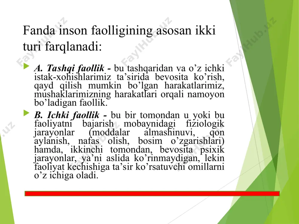 rakatlari ham aqliy komponentlardan xoli emas, u qaysi bargning va nima uchun ortiqcha ekanligidan anglab, bilib turib olib tashlaydi. aqliy harakatlar - shaxsning ongli tarzda, ichki psixologik mexanizmlar vositasida amalga oshiradigan turli-tuman harakatlaridir. eksperimental tarzda shu narsa isbot qilinganki, bunday harakatlar doimo motor harakatlarni ham o‘z ichiga oladi. bunday harakatlar quyidagi ko‘rinishlarda bo‘lishi mumkin: pertseptiv – ya‘ni, bular shunday harakatlarki, ularning oqibatida atrofdagi predmetlar va hodisalar to‘g‘risida yaxlit obraz shakllanadi; mnemik faoliyat, narsa va hodisalarning mohiyati va mazmuniga aloqador materialning eslab qolinishi, esga tushirilishi hamda esda saqlab turilishi bilan bog‘liq murakkab faoliyat turi; fikrlash faoliyati - aql, faxm-farosat vositasida turli xil muammolar, masalalar va jumboqlarni yechishga qaratilgan faoliyat; imajitiv - («image» -obraz so‘zidan olingan) faoliyati shundayki, u ijodiy jarayonlarda hayol va fantaziya vositasida hozir bevosita ongda berilmagan narsalarning xususiyatlarini anglash va hayolda tiklashni taqozo etadi. * *
