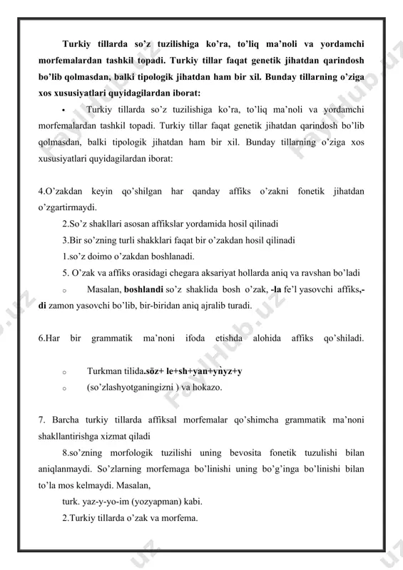 cgc strukturalisi ko’p tarqalgan. g va cg tip o’zak juda kam uchraydi. tilshunoslik fanida tillarni tasniflashda ikki xil usul qo'llaniladi: 1. morfologik usul. 2. geneologik usul. tillarni morfologik usul asosida tasnif qilishda so'zlarning tuzilishi eng asosiy belgi qilib olinadi. bu usul tillarning kelib chiqishini e'tiborga olmay-di. u, eng avvalo, har bir tilning nutqida so'zlarning o'zaro bog'lanishi, turlovchi va tuslovchi qo'shimchalarning bor­yo'qligi, so'z yasalishi tomon-larini nazarda tutadi. geneologik tasnif esa tillarning bir manbadan kelib chiqishini, qaysi tillar bir­biri bilan qardosh ekanligini, shu bilan birga, so'zlarni, qo'shim-chalarni xususiyatlarini nazarda tutib tillarni guruhlarga ajratishdir. bir bobo tildan kelib chiqib, tuzilishi va boshqa xususiyatlari bir­biriga yaqin, o'xshash bo'lgan tillar yig'indisi tillar oilasi deyiladi. dunyodagi tillar qanchalik rang­barang bo'lmasin, ular sanoqli tillar oilasiga birlashadi. ma'lumotlarga ko'ra, hozirgi kunda 20dan ortiq til oilasi mavjud. har bir til oilasi, o'z navbatida, qarindoshlikning yaqinlik darajasiga ko'ra bir necha guruhlarga ajralishi mumkin. bu guruhlar turkumlar (tarmoq, shohobcha) deyiladi. turkumlar …