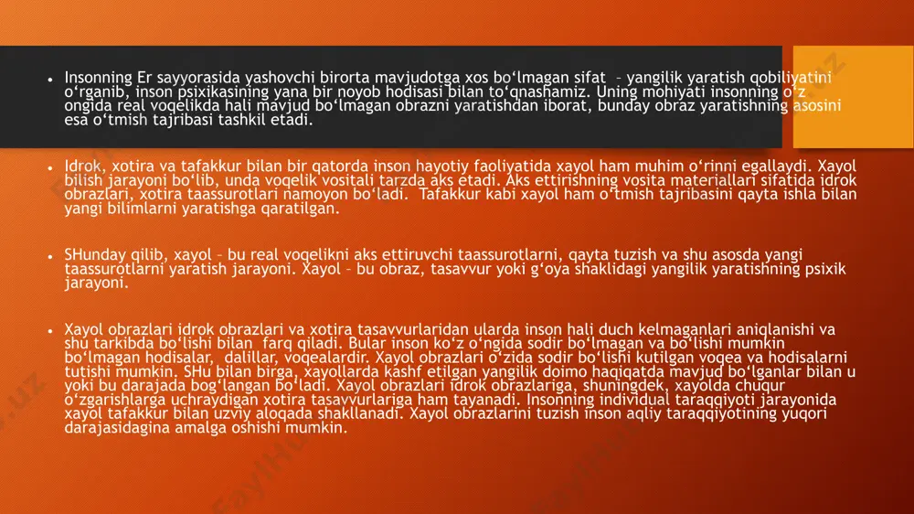 a aks ettirish talab etilgan muammoli vaziyatda yuzaga keladi. xayol natijasida inson kelajakni oldindan ko‘ra oladi va o‘z hulq-atvorini boshqaradi, atrof-olamni ijodkorlik bilan o‘zgartiradi. xayol – mehnat faoliyatida shakllangan psixik faollikning maxsus tarzda inson tomonidan ifodalanishi. xayol voqelikni avvaldan aks ettirishni ta’minlaydi, bunda o‘tmishning kelajakdagi proeksiyasi hosil qilinadi. xayol insonga vaziyatda yo‘l topishga va bevosita amaliy harakatlarning aralashuvisiz masalalarni hal etish imkonini yaratuvchi ko‘rgazmali-obrazli tafakkurning asosi bo‘lib xizmat qiladi. xayol obrazlari faqat insonda mavjud bo‘lgan real olam obrazlarining alohida tomonlarini qayta ishlab chiqish yo‘li bilan yaratiladi. xayol doimo insonning amaliy faoliyatiga yo‘naltirilgan bo‘ladi. inson biror harakatni amalga oshirishdan avval, uni qanday bajarish zarurligi va uni qanday bajarishini tasavvur qiladi. shunday qilib, u avvaldan keyinchalik sodir bo‘ladigan amaliy faoliyatda ishlab chiqariladigan moddiy jism obrazini yaratadi. xayol faoliyati inson hissiy kechinmalari va uning iroda harakatlarini tadbiq etish bilan uzviy holda bog‘langan. hayolning fiziologik asoslari xayolning fiziologik asosi nerv aloqalarini dolzarblashtirish, ularning emirilishi, …