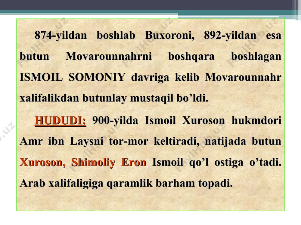 ikki toifaga bo’lingan: 1) doimiy saralangan qo’shin va 2) zarur hollarda viloyatlardan yig’iladigan qismlar. lashkarning asosiy vazifasi mamlakat ichki va tashqi xavfsizligini ta’minlashdan iborat bo’lgan. davlat idoralari kanallar qazish, ko’priklar qurish, shahar va qishloqlar obodonchiligi, dehqonchilik to’g’risida g’amxo’rlik qilish, karvon yo’llari xavfsizligini ta’minlash, karvonsaroylar, bozorlar qurish, yangi shaharlar barpo etish ishlarini tashkil etgan. shuning uchun ham bu davrda dehqonchilik, hunarmandchilikning ko’plab tarmoqlari yaxshi rivojlangan. * hunarmandchilikning keng tarmoqlari - paxta, ipak, jundan turli xil matolar tayyorlangan, ular nafaqat o’lkamiz xalqlarining ehtiyojlarini qondirgan, balki bunday matolar chetga ham chiqarilgan. qog’oz ishlab chiqarishda o’lkamiz o’rta va yaqin sharqdagina emas, yevropada ham mash’hur bo’lgan. “samarqand qog’ozi kabi qog’ozni dunyoning hech bir yerida uchratmaysiz”, - deb yozadi x asr eron tarixchisi israxriy. bundan tashqari somoniylar davlatida konchilik ham yaxshi rivojlangan edi. jumladan, farg’ona vodiysida axsikent va navqotda oltin, kumush, temir, mis qazib olingan. ana shunday kuchli davlat x asrning ikkinchi yarmiga kelib mintaqaning yettisuv …