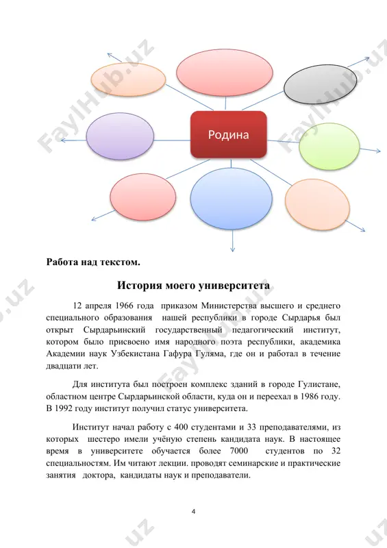 рах работают научные кружки, где студенты занимаются научными исследованиями. проводятся различные мероприятия, связанные с обеспечением досуга студентов. задания к тексту 1.составьте предложения со следующими словами и словосочетаниями: компьютерные классы, образование, статус, учёная степень, кандидат наук, учебно-воспитательная, научно-исследовательская работа, снабжены, мероприятия, досуга. 2. составьте вопросный план текста. самостоятельная работа упражнение 1. прочитайте текст. ташкент – столица узбекистана ташкент – древний город средней азии. первые упоминания о нем встречались уже в седьмом веке. тогда ташкент был главным городом области чач и назывался чачкент. с восьмого века он стал называться бинкентом и только в одиннадцатом он получил название ташкент, что значит «каменный город». город делился на четыре части: кукча, бешагач, шейхантаур и себзар. во главе города стоял бек. каждая часть города делилась на большие кварталы – махалли. кварталами управляли юзбаши. судебная власть была в руках казиев. все их приговоры исполняли миршабы. культура города была низкой. жители находились в тяжелых условиях. почти все улицы …