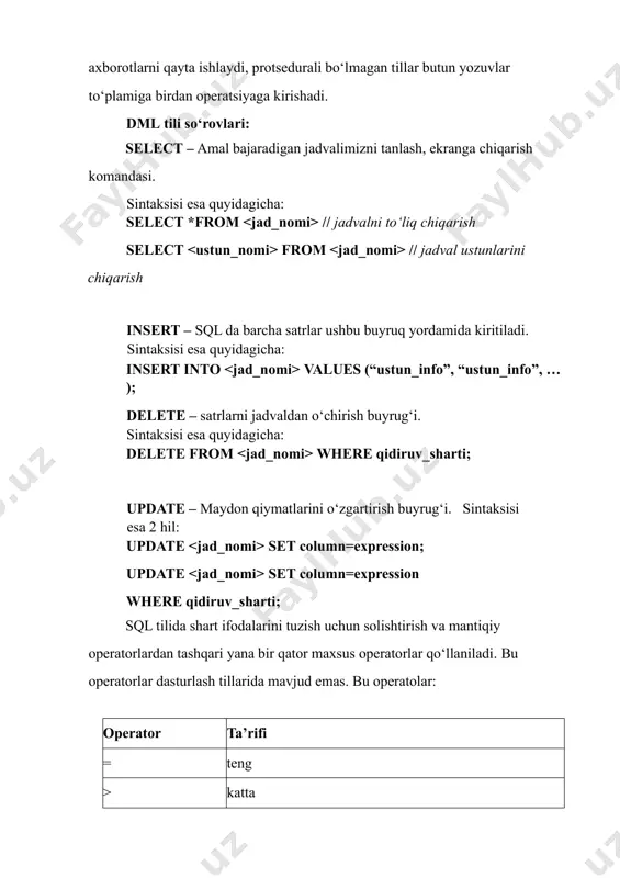 va maydon qiymati operatorda ko‘rsatilgan namunaga mosligini tekshirish imkonini yaratadi. namuna quyidagi maxsus simvollardan tashkil topadi: • _ (tagiga chizish belgisi) – bitta ixtiyoriy simvolni bildiradi; • % (foiz belgisi) – ixtiyoriy miqdordagi simvollar ketma – ketligini bildiradi. select id_st, surname from student where surname like 'a%' 1.jadval ob‘yektlariga qiymatlar beramiz: insert into (column_names) values (values) 2.jadval malumotlarini kurish: select * from 3.mb ga yangi ustun qo‘shamiz va updatedan foydalanib maydon qiymatini o’zgartramiz. so’rov: alter table cars add column yili integer; update cars set yili = 2024 where id = 1; natija: 4. drop operatori orqali jadvalni o‘chiramiz: so‘rov: drop table cars; 5. so`rov: select id, marka, model, cars_number, length(cars_number) as number_length from cars where id in (1, 2, 3); 6.so’rov: select id, marka, model, cars_number, length(cars_number) as number_length from cars where not id = 3; natija: 7.avtomobillar markasini nomini kichik harflarda chiqaramiz so’rov: select id, lower(marka) as marka_lowercase, model, …