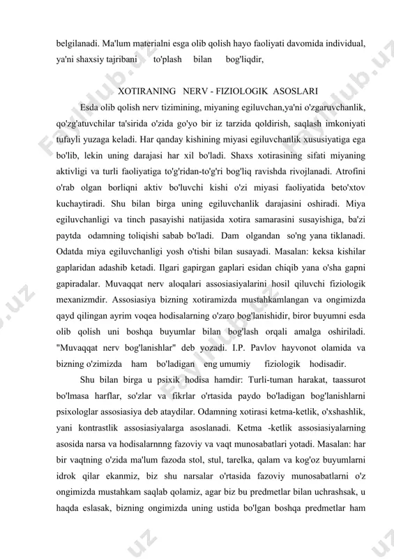 odisa hamdir: turli-tuman harakat, taassurot bo'lmasa harflar, so'zlar va fikrlar o'rtasida paydo bo'ladigan bog'lanishlarni psixologlar assosiasiya deb ataydilar. odamning xotirasi ketma-ketlik, o'xshashlik, yani kontrastlik assosiasiyalarga asoslanadi. ketma -ketlik assosiasiyalarning asosida narsa va hodisalarnnng fazoviy va vaqt munosabatlari yotadi. masalan: har bir vaqtning o'zida ma'lum fazoda stol, stul, tarelka, qalam va kog'oz buyumlarni idrok qilar ekanmiz, biz shu narsalar o'rtasida fazoviy munosabatlarni o'z ongimizda mustahkam saqlab qolamiz, agar biz bu predmetlar bilan uchrashsak, u haqda eslasak, bizning ongimizda uning ustida bo'lgan boshqa predmetlar ham ko'uz ongimizga keladi. masalan: yil fasllarini, biz ularni ketma-ketlikda eslaymiz. xotiraning tarixi xotiraning turlarini esda olib qolish va irsiy jarayonlarini amalga oshiradigan faoliyati xususiyatlariga bog'liqligi amalga oshadi, bunda xotiraning ayrim turlari uchta asosiy mezonga (kriteriya) muvofiq ravishda bo'linadi. 1. psixik aktivlik harakteriga qarab: 2. faoliyat maksadiga kura, ixtiyorsiz va ixtiyoriy guruhga bo'linadi. 3. materialni qancha vaqt esda olib qolish va esda saqlash muddatiga kura: kiska muddatln va …
