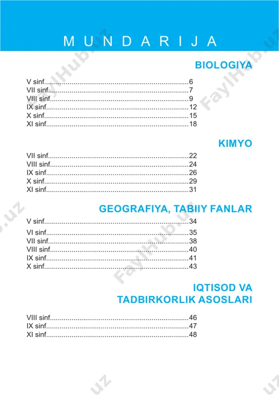 h 1 jami: 34 7-sinf biologiya (haftasiga 2 soatdan, jami 68 soat) darslar tartibi mavzu nomi soat taqvimiy muddat i chorak i bob. tirik organizmlarning xilmaxilligi 1 biologiya – hayot haqidagi fan 1 2 tirik organizmlarning xilmaxilligi 1 3 bakteriyalar. protoktistalar. zamburug‘lar 1 4 o‘simliklarning xilmaxilligi. sporali o‘simliklar 1 5 urug‘li o‘simliklar 1 6 umurtqasiz hayvonlarning xilmaxilligi 1 7 umurtqali hayvonlarning xilmaxilligi. baliqlar, amfibiyalar va reptiliyalar 1 8 qushlar va sutemizuvchilar 1 9 amaliy mashg‘ulot. o‘simlik va hayvonot dunyosining sistematik guruhlarini o‘rganish 1 10 nazorat ishi – 1 1 ii bob. tiriklikning molekula va hujayra darajasi 11 hujayra – tirik organizmlarning tuzilish birligi 1 12 to‘qimalar 1 13 laboratoriya mashg‘uloti: 1. kattalashtirib ko‘rsatuvchi asboblar 2. o‘simlik to‘qimasidan vaqtinchalik preparat tayyorlash 1 14 nazorat ishi – 2 1 iii bob. organ va organlar sistemasi 15 gulli o‘simliklarning vegetativ organlari. ildiz 1 16 novda 1 17 amaliy mashg‘ulot. vegetativ organlar metamorfozini o‘rganish …