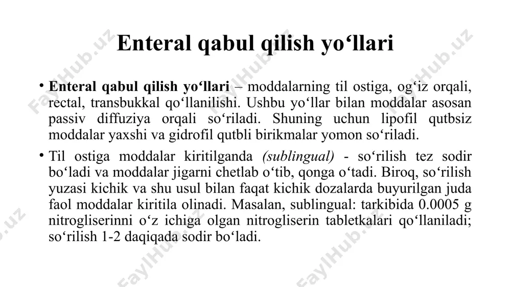 ichlari 4.biotransformatsiya koʻpchilik dori moddalar organizmda oʻzgarishga uchraydi (biotransformatsiyaga). metabolik transformatsiya (oksidlanish, qaytarilish, gidroliz) va konyugatsiya (atsetillanish, metillanish, glyukuron kislota bilan birikmalar hosil boʻlishi) kabilar farqlanadi. 5.ekskresiya koʻpincha dori moddalari buyraklar orqali oʻzgarmagan holda yoki biotransformatsiya mahsulotlari shaklida organizmdan chiqariladi. buyrak kanalchalariga moddalar buyrak koptokchakalarida qon plazmasi filtrlanishidan soʻng tushadi. koʻp moddalar proksimal naychaga ajratiladi. moddalarni ajralishini taminlaydigon transport sistemalar kam spetsifik, shuning uchun turli xil dori moddalari transport sistema bilan birikish uchun raqobatlashadi. farmakodinamika farmakodinamika-dori moddalarining turlari farmakologik effekti, ta‘sir mexanizmi, mahalliy ta‘sirini oʻrganadi. dori moddalarining farmakologik effektlari - muayyan dorining organlar va tizimlar faoliyatida oʻzgarish chaqirishi (masalan, yurak qisqarishini kuchayishi, arterial bosimning pasayishi, aqliy faoliyatning kuchayishi, qoʻrquv va xavotirning yoʻqolishi va b.). odatda har bir modda oʻziga xarakterli boʻlgan bir qator farmakologik effekt chaqiradi. har bir holatda ham dori vositalarining faqatgina ma‘lum bir asosiy effektidan foydalaniladi. qolgan (foydalanilmaydigan, kutilmagan) farmakologik effektlar nojoʻya effektlar deb nomlanadi. farmakodinamika dori moddalarining …