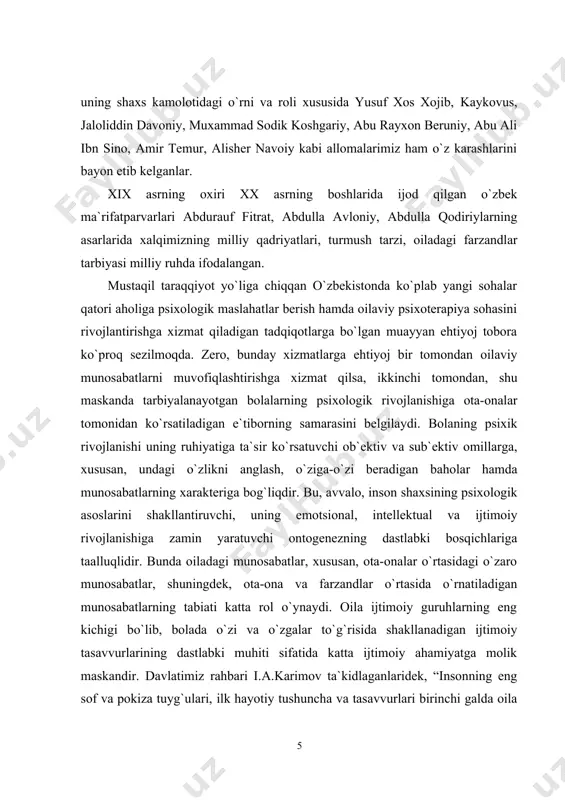 ining bevosita roli alohida tadqiqot doirasida o`zbekiston sharoitida o`rganilmagan. bu masala amaliy ahamiyatga molik bo`lib, “...inson o`z umri davomida oladigan barcha informatsiyaning 70 foizini 5 yoshgacha bo`lgan davrda olar ekan”.2 demak, shu informatsiyalar orasida bolaning o`z “men”ini to`g`ri shakllantiradigan va shu orqali uni ijtimoiy psixologik munosabatlarga ruhan tayyorlaydigan ma`lumotlarning manbai va ta`sir kuchini o`rganish yosh ota-onalar va oilashunoslar uchun o`ta dolzarb ahamiyat kasb etadi. tadqiqotning ishining maqsadi: maktabgacha yoshdagi bolaning o`zini- o`zi anglashi mazmuniga ta`sir ko`rsatuvchi oilaviy munosabatlar, xususan,ota-ona va farzandalar munosabatidagi ijtimoiy psixologik ta`sirlarva er bilan xotin o`rtasidagi hamda ota-ona bilan bola o`rtasidagi munosabatlarning o`zaro bog`liqligini tadqiq qilish. tadqiqotning vazifalari: 1. maktabgacha yoshdagi bolalarda o`zini-o`zi anglashining psixologik xususiyatlari va “men” konsepsiyasining shakllanganlik darajasini aniqlash uchun nazariy manbaalar bilan ishlash, ilmiy adabiyotlar taxlili.. 2. maktabgacha yoshdagi bolalarda o`zini-o`zi anglashiga taalluqli bo`lgan asosiy psixologik komponentlarni vam ularga ta`sir etuvchi ijtimoiy psixologik omillarning xususiyatlarini aniqlash. 3. oiladagi munosabatlarning sub`ektlari sifatidagi ota-onaning o`zlikni …