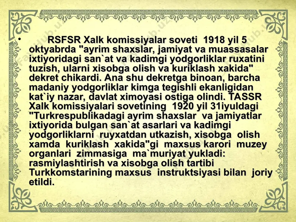 ris fauna va floraning jonli namunalarini respublikadan tashkariga etkazib berish xukukiga ega bulib, bu tarixiy va tabiiy yodgorliklarni xisobga olish imkoniyatiga xam ega edi. o`rta osiyoda milliy chegaralanish-ning utkazilishi va uzbekiston ssrning tashkil topishи munosabati bilan turkomstaris 1925 yilning ssr maorif xalk komissariatiga glavnaukasining o`rta osiyo ekanomik. soveti va muzey bulimi xuzuridagi muzey ishchilarii yodgorliklar, san`at va tabiat obidalarni muxofaza kilish buyicha o`rta osiy komiteti sredazkomstaris kilib uzgartirildi. garchi yukorida ta`kidlangan rakamlar dabdabali bulsada, aslida axvol butunlay boshkachа edi. sobiq mustamlaka tuzumi muzeylardan quyidagi maqsadda foydalandi. 1. oktyabr' tuntarishidan keyingi dastlabki yillarda burjua madaniyati va mulki sifatida juda kup nodir tarixiy madaniy boyliklar muzeylarga topshirish baxonasida tortib olindi va talon-taroj kilindi. 20-30 yillarda esa muzeylar tortib olingan, talon-tarojdan omon kolgan nodir buyumlar, san`at asarlari chet el valyutasini tuplash maksadida chet elga sotildi. demak, aslida ular kapitalistik jamiyatga xos bulgan kapital jamgarish vazifasini bajardi. 3. muzeylar kommunistik mafkurani xalk ongiga singdirish, …