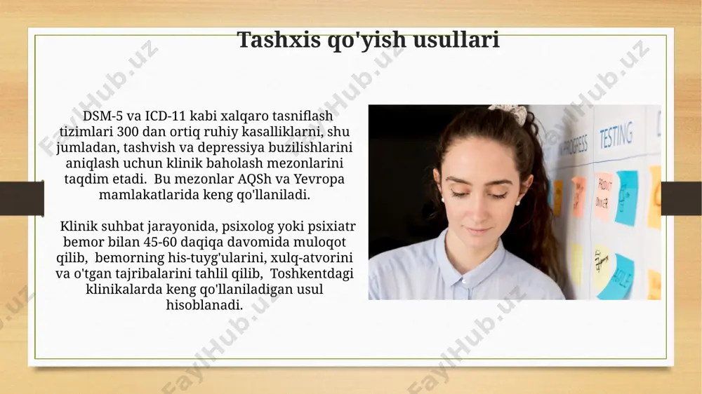 ruhiy salomatlik markazlarida o'tkazilgan 500 nafar bemor ustida o'tkazilgan tadqiqotlar shuni ko'rsatdiki, beck depressiya inventarizatsiyasi va stai tashvish shkalasi kabi standartlashtirilgan testlar aniq diagnostika uchun muhimdir. klinik baholash beck depressiya inventarizatsiyasi (bdi) kabi standartlashtirilgan so'rovnomalar toshkentdagi klinikalarda 0 dan 3 dan 60 ballgacha bo'lgan depressiya og'irligini aniqlash uchun qo'llaniladi. klinik baholashda, masalan, hamilton tashvish shkalasi (ham-a) yordamida 14 ta savol orqali o'zbekistondagi bemorlarning tashvish darajasini aniqlash mumkin. xavf omillari xavotir va depressiyani aniqlashda qo'llaniladigan diagnostika mezonlari, masalan, dsm-5 yoki icd-11, 5 dan ortiq alomatlarning 2 haftadan ko'proq davom etishi bilan tavsiflanadi va bu o'zbekistonning ruhiy salomatlik muassasalarida qo'llaniladi. bemorning o'zi va uning yaqinlarining fikr-mulohazalarini o'z ichiga olgan klinik intervyu, 15 yoshdan yuqori bo'lgan bemorlar uchun toshkentdagi shifoxonalarda diagnostika jarayonining muhim qismidir va taxminan 30 daqiqani tashkil etadi. davolash strategiyalari farmakologik davolashda selektiv serotoninni qayta qabul qilish inhibitörleri (ssri) kabi antidepresantlar 30 mg dan boshlab buyuriladi, ammo dozani shifokor individual ravishda …