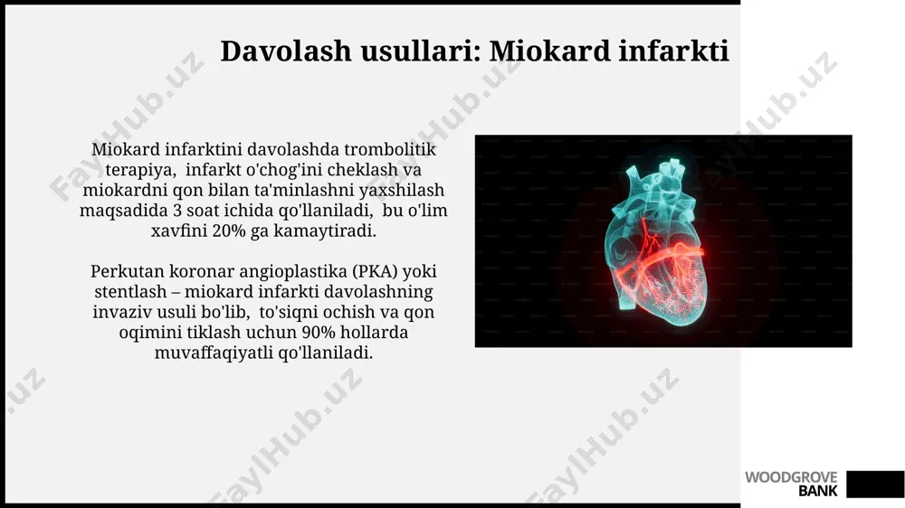 orligiga bog'liq. miokard infarkti prognozi bemorning yoshi, jinsi, infarktning o'lchami va joylashuvi, shuningdek, st-segmenti ko'tarilishi bilan kechishi kabi omillarga bog'liq bo'lib, 30% hollarda o'limga olib kelishi mumkin. woodgrove bank e'tiboringiz uchun rahmat @taqdimot_robot woodgrove bank image1.jpg image2.jpg image3.jpg image4.jpg image5.jpg image6.jpg image7.jpg image8.jpg image9.jpg image10.jpg image11.jpg image12.jpg image13.jpg image14.jpg image15.jpg image16.jpg image17.jpg
