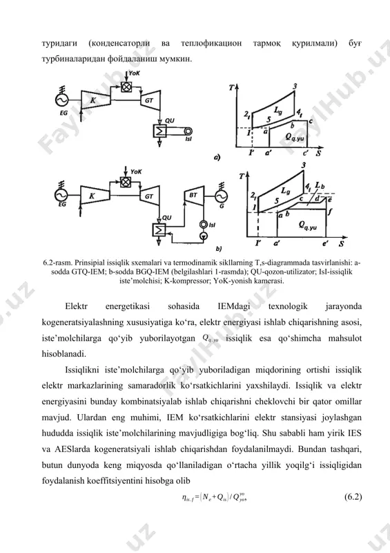 acha yillik yoqilg‘i issiqligidan foydalanish koeffitsiyentini hisobga olib , (6.2) iemda kombinatsiyali ishlab chiqarish samaradorligini baholash ko‘rsatkichi qiymati 0,8 dan ortmaydi. iste’molchilarga issiqlik beradigan qozonxonalarning fik 92 % gacha yetadi va shuning uchun ham iemda ishlab chiqarilgan issiqlikning raqobatbardoshligi past hisoblanadi. shunga bog‘liq ravishda, kogeneratsiyalashning bir qator holatlarida, issiqlikni generatsiyalash qurilmasi (masalan markaziy qozonxonalar) ustiga energetik issiqlik yuritgichlari (gaz turbinali qurilma, ichki yonuv dvigateli) quriladi va bu yuritgichlarning chiqish gazlari qozon o‘txonasiga tashlanadi. qozon o‘txonasida yoqiladigan yoqilg‘ining bir qismini chiqish gazlarining issiqligi hisobidan qoplash bunday qurilmalarning iqtisodiy samarasini aniqlashga yordam beradi. yoqilg‘ining iqtisod qilinishi ishlab chiqariladigan elektr energiyasi tannarxining ham arzonlashishiga olib keladi (6.3-rasm). 6.3-rasm. issiqlik ishlab chiqarish bazasida elektr energiyasi ishlab chiqaruvchi issiqlik generatsiyalash qurilmasi: k-kompressor; gt-gaz turbinasi; eg-elektr generatori; qis-issiqlik iste’molchisi; -qozonxonada yo‘qotilgan yoqilg‘i issiqligi; -qozonxonada yoqiladigan yoqilg‘i issiqligi. quli bug‘-gaz issiqlik elektr markazlarining issiqlik sxemalari tasnifi zamonaviy iemlarda qo‘llaniladigan quli bug‘-gaz issiqlik elektr markazlarining (bgq-iem) turli issiqlik …