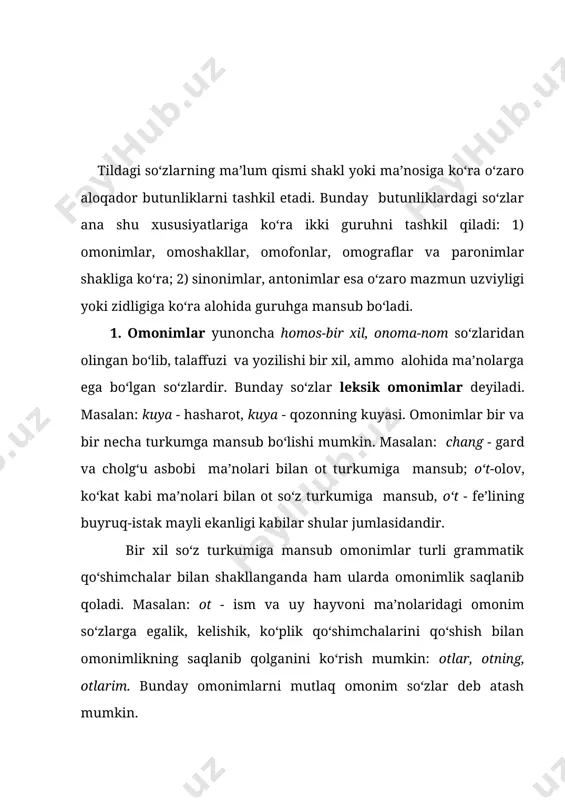 agi ma’no bog‘lanishning uzilishi, zaiflashishi asosida ham omonimlar shakllanadi. masalan, ko‘k so‘zi, dastlab, ko‘k rang (sifat) tushunchasiga ega bo‘lgan. keyinchalik bu so‘z metafora (o‘xshashlik) asosida osmon tushunchasiga nisbatan ham ishlatila boshlagan. hozir ular o‘rtasidagi bunday ma’no bog‘lanish yo‘qolib, omonim so‘z hosil bo‘lgan. xuddi shunday holatni dam so‘zining nafas, hordiq, harorat, bosqon ma’nolarida ishlatilishi misolida ham kuzatish mumkin. 3.umumturkiy yoki asl o‘zbekcha so‘zlar o‘zga tillardan so‘z o‘zlashtirish asosida ham shakldoshlikka ega bo‘lib qolishi mumkin. masalan, bog‘ (mevazor) va bog‘ (bog‘langan narsa, beda bog‘i); tok (uzum novdasi) va tok (elektor toki), tom (uy tomi) va tom (kitob jildi) so‘zlari o‘zbekcha-tojikcha hamda o‘zbekcha-rus va yevropa tillaridan o‘zlashgan so‘zlarning o‘xshash fonetik qiyofasi asosida yuzaga kelgan omonim so‘zlardir. 4. ma’lum bir so‘zning o‘zak-negizidan qo‘shimchalar orqali yangi so‘zlar yasalishi natijasida shakldosh so‘zlar hosil bo‘ladi. masalan: oylik olmoq, oylik reja birikmalaridagi oylik so‘ziga qo‘shilgan –lik qo‘shimchasi asosida shakldosh so‘z hosil bo‘lgan. ba’zan shakldoshlik nisbiy bo‘lib, so‘zlarning ma’nolari …