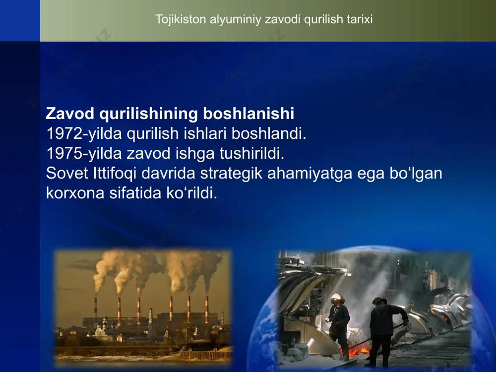 liklar qatlamining zarar ko‘rishi → yashil hududlarni kengaytirish. ekologik ongning pastligi → tarbiya va ta’lim orqali kuchaytirish. kelajak istiqbollari ekologik texnologiyalarni joriy etish. korxona va tabiat o‘rtasida muvozanat. barqaror rivojlanish siyosatini amalga oshirish. yakuniy fikr inson va tabiat uyg‘unligi – kelajak avlodlar uchun muhim. alyuminiy zavodi iqtisodiy foyda berar ekan, ekologiyani ham asrash shart. “tabiatni asrash – hayotni asrashdir!” e’tiboringiz uchun rahmat! company logo image3.jpeg image4.jpeg image5.jpeg image6.jpeg image7.jpeg image8.jpeg image9.jpeg image10.jpeg image11.jpeg image12.jpeg image13.emf image14.jpeg image18.jpeg image19.jpeg image20.jpeg image23.jpeg image21.jpeg image22.jpeg image24.jpeg image25.jpeg image26.jpeg image27.jpeg image28.jpeg image29.jpeg image30.jpeg image31.jpeg image32.jpeg image33.jpeg image34.jpeg image35.png image36.png image2.jpeg рабочий в цеху завода talco в городе турсунзаде 98471947