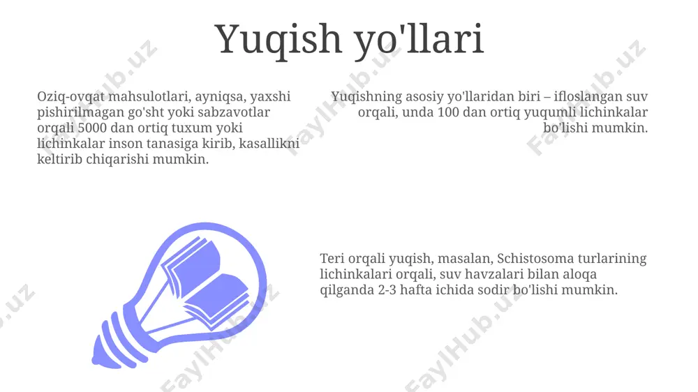 an, shimpanze va maymunlar ishtirokida amalga oshadi. yetuk hayot sikli odamning ingichka ichagida yashaydi va bir kunda 200,000 dan ortiq tuxum qo‘yadi, bu esa yuqori darajada yuqumli bo‘lishini ta’minlaydi. hayot siklining asosiy bosqichlari – tuxum, larva va yetuk shakl – har xil morfologik va fiziologik xususiyatlarga ega bo‘lib, ularning diagnostikasi uchun muhimdir. tashxis qo'yish usullari tuxumlarni mikroskopik tekshirish orqali 50-100 ta tuxumni aniqlash mumkin, bu diagnostika uchun etarli miqdordagi ma'lumot beradi. qon tahlillari, qonda mavjud bo'lgan lichinkalar yoki antitellarni aniqlash orqali, yuqumli kasallikni aniqlashda 90% dan yuqori aniqlikka erishish mumkin. to'qimalarni biopsiyasi, ayniqsa, ichak devorining tekshiruvi, yuqumli parazitlarning o'ziga xos morfologik tuzilmalarini, masalan, 1-2 mm uzunlikdagi lichinkalarni aniqlashga yordam beradi. oldini olish choralari trichuris trichiura (qamchi qurt) infektsiyasi tuproq orqali yuqadi va dunyo boʻylab 600 milliondan ortiq odamni qamrab oladi, bolalarda anemiya va oʻsishning sekinlashishiga olib kelishi mumkin. oʻpka qurtlari (paragonimus westermani) infektsiyasi odatda 5-10% gacha suvda yashashga moslashgan qisqichbaqalar …