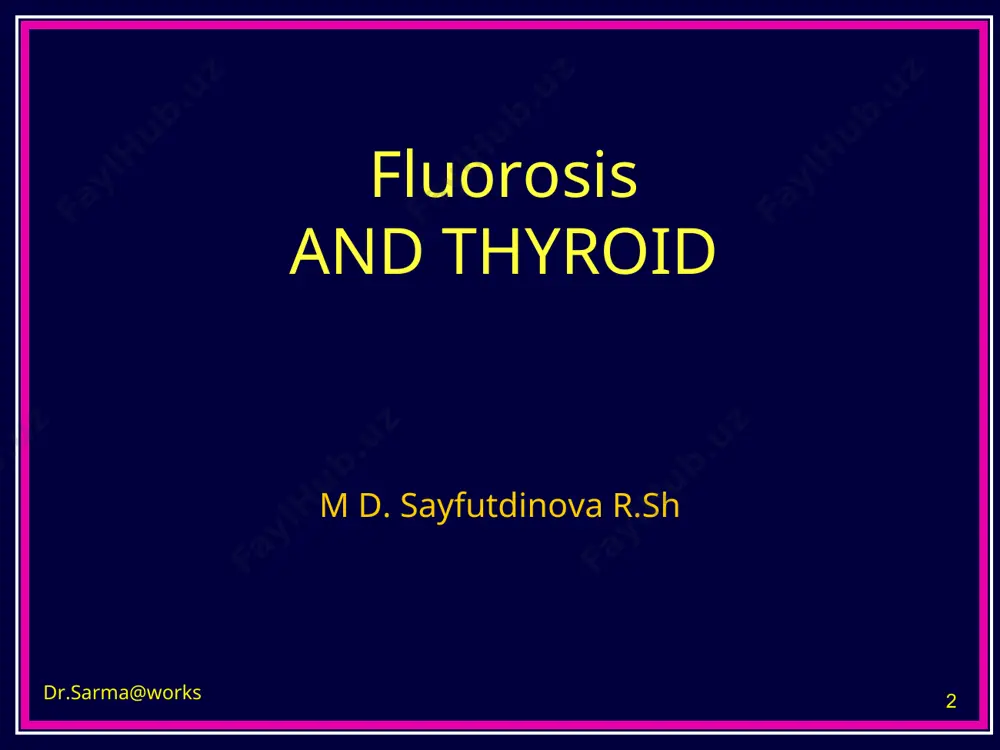 atabolism -thyroxine ft4 t3 rt3 will be high rt3 ÷ t3 ratio will be high fluoride affects the normal deiodination of t4 normal catabolism -thyroxine ft4 t3 rt3 will be low rt3 ÷ t3 ratio will be low normal deiodination of t4 rt3 rt3 unicef map of fluorosis fluorosis in india 15 states fluoride in our waters drinking water should not contain more than 1.5 ppm of fluoride (who, 1994). a much elevated concentration of fluoride, ranging from more than 1.5 ppm to 20 ppm in surface, subsurface waters in nine states in india. this is beyond the permissible limit studies from our country 1. himalayan belt 17 villages of endemic goitre in himalayan belt water samples were analyzed for iodine content, fluoride level and hardness goitre prevalence v/s iodine content - p 0.06 the lancet, may 27, 1972 - t. k. day & p. r. powell-jackson, fluoride, water hardness …