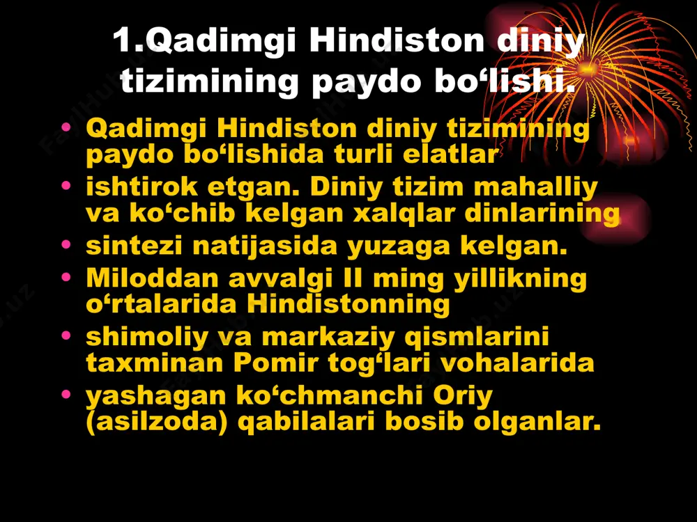nlardan tuzilgan. 3.braxmanizm haqida hindistonda ishlab chiqarish kuchlarining rivojlanishi, mehnat taqsimoti, tabaqa (varna)lar va qadimgi davlatlarning vujudga kelishi sababli diniy e’tiqodda o‘zgarishlar bo‘lgan. veda dini braxmanizm bilan almashtirilgan. braxmanizm jamiyatning tabaqalarga bo‘linishini, braxmanlarning imtiyozlari va davlatni muqaddaslashtirgan. yangi dinning diqqatga sazovor jihatlaridan biri shuki, unda diniy aqidalar braxmanlar matnlari muqaddas bitigida bayon qilingan. braxman matnlari yaratilganidan keyin ham vedalar saqlanib qolgan va ular vedalarni sharhlovchi muqaddas bitik vazifasini bajargan. hind xudolari. braxmanizm ta’limotiga ko‘ra moddiy borliq undan tashqarida mavjud bo‘lgan yagona boqiy ruhning emanatsiyasi (lotincha emanatio – oqib chiqish, o‘tish degan ma’nolarni anglatadi, iloh ijodiy energiyasining oqib chiqishi) natijasida vujudga kelgan. tirik jonzodlardagi ruh uning bir zarrasidir. ruh boqiy. uning qayta tug‘ilishi to‘xtatilmasa, tanadan-tanaga cheksiz ravishda ko‘chaveradi. ruhning ko‘chishini sansara (sanskrit tilida shakllanish, ko‘chish, vujudga kelish degan ma’nolarni anglatadi) aqidasi tartibga soladi. sansara barcha tirik mavjudotlarning o‘tkinchiligi, o‘zgaruvchanligi, ruhning tanadan-tanaga ko‘chishining yagona zanjiri to‘g‘risidagi ta’limotdir.