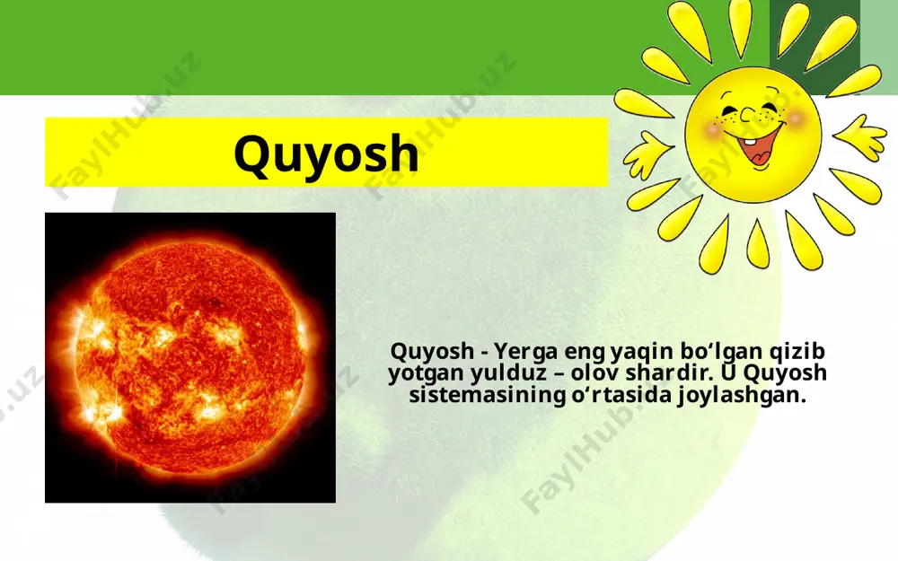 bir guruhga nom berishgan. oltin qoziq yulduzi kichik ayiq katta ayiq shimol tarafga yo‘nalish bular yulduz turkumlari deb ataladi. yulduzga qarab oriyentirlash. oltin qoziq yulduziga qarab shimolga, demak, boshqa tomonlarga bo‘lgan yo‘nalishni ham aniqlash mumkin. agar old tomoningiz bilan shimolga qarab tursangiz, o‘ng tomoningiz sharq, chap tomoningiz g‘arb, orqa tomoningiz janub bo‘ladi g‘ jan shim shq ufq tomonlarini yulduzlarga qarab faqat kechasi aniqlash mumkin. kunduzi-chi? kunduzi quyoshga qarab aniqlasa bo‘ladi. image2.jpg image3.jpeg image4.gif image5.jpg image6.jpeg image7.png image8.jpeg image9.gif image10.jpeg image11.jpeg image12.jpeg image13.jpeg image14.jpeg image15.png image16.emf image17.jpeg image18.emf image19.jpeg image1.jpg