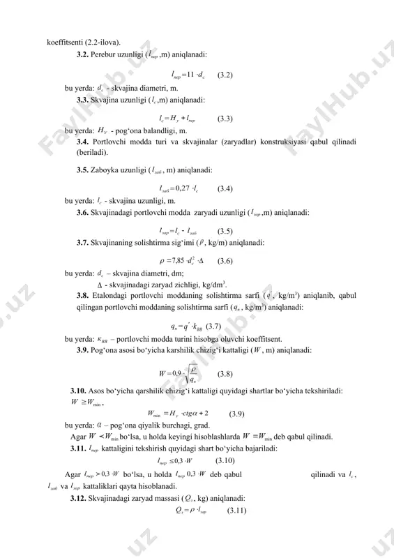 zaryad zichligi, kg/dm3. 3.8. etalondagi portlovchi moddaning solishtirma sarfi ( , kg/m3) aniqlanib, qabul qilingan portlovchi moddaning solishtirma sarfi ( , kg/m3) aniqlanadi: = (3.7) bu yerda: – portlovchi modda turini hisobga oluvchi koeffitsent. 3.9. pog‘ona asosi bо‘yicha karshilik chizig‘i kattaligi ( , m) aniqlanadi: = (3.8) 3.10. asos bо‘yicha qarshilik chizig‘i kattaligi quyidagi shartlar bо‘yicha tekshiriladi: , (3.9) bu yerda: – pog‘ona qiyalik burchagi, grad. agar bо‘lsa, u holda keyingi hisoblashlarda deb qabul qilinadi. 3.11. kattaligini tekshirish quyidagi shart bо‘yicha bajariladi: embed equation.3 (3.10) agar embed equation.3 bо‘lsa, u holda embed equation.3 deb qabul qilinadi va , va kattaliklari qayta hisoblanadi. 3.12. skvajinadagi zaryad massasi ( , kg) aniqlanadi: = (3.11) 3.13. katordagi skvajinalar orasidagi masofa ( , m) aniqlanadi: (3.12) 3.14. skvajinalarning ruxsat etilgan yaqinlashish koeffitsenti bо‘yicha kattalik tekshiriladi. = (3.13) о‘rtacha portlashdagi tog‘ jinsi uchun =1,0(1,1 3.16. uyum kengligi ( , m) aniqlanadi: embed equation.3 (3.14) bu …