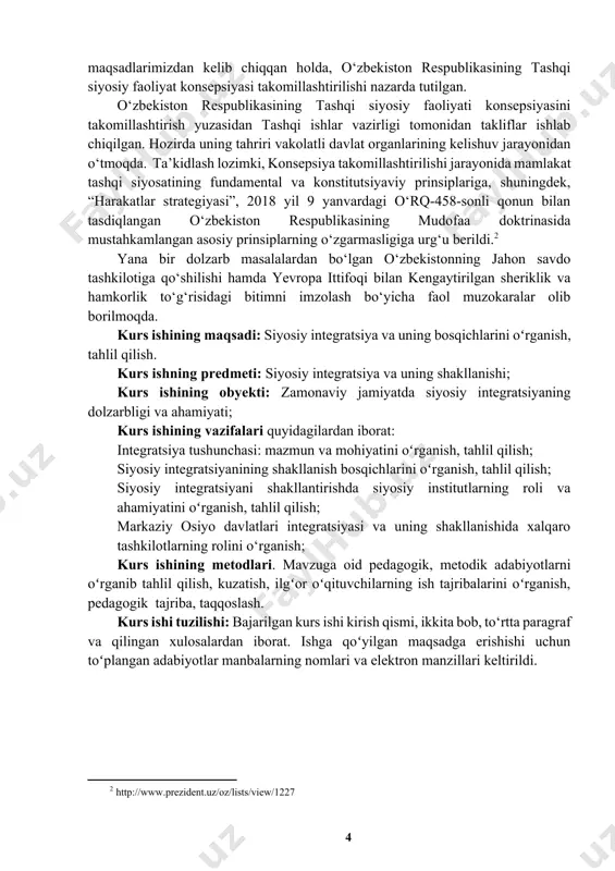 onidan yoʻqotilgan muvozanatni kollektiv xavfsizlik va iqtisodiy hamkorlikning yangi shakllari boʻlmish integratsiyaviy tashkilotlardan izlashga undadi. hozirgi zamon integratsiya jarayonlarining oʻchog‘i g‘arbiy yevropadir, bu yerda integratsiya oxirgi o‘n yilliklarda eng baland nuqtaga yetdi. shu sababli ham mavjud adabiyotlar yevropa integratsiyasini keng yoritadi. biz yevropa siyosiy integratsiyasida mavjud boʻlgan yondashuvlar - federalizm, funksionalizm, kommunikatsiyaviy yondashuv va neofunksionalizmning mohiyatini ochib berishga harakat qilamiz. xalqaro hamjamiyatning xx asr yakuni va xxi asr boshidagi rivoji dunyoning barcha mintaqalarida (avstraliyadan tashqari) davlatlararo integratsiyaviy tuzilmalarning shakllanishi bilan izohlanishi mumkin. hozirgi kunda suveren davlatlarni birlashtiruvchi oʻndan ortiq shu kabi birlashmalar mavjud. vaqt oʻtishi bilan davlatlarning turli sohalardagi hamkorligi ular oʻrtasida mavjud boʻlgan yondashuvlarning yaqinlashuviga va bu oxir-oqibat ular oʻrtasida kamida mintaqaviy tuzilmalarning shakllanishiga olib keladi. bu esa integratsiyaviy tuzilma hisoblanmish siyosiy va ilmiy fenomenni atroflicha oʻrganishni taqozo etadi. bunday ilmiy izlanuv har qanday holda ham markaziy osiyo va o‘zbekiston manfaatlari nuqtai nazaridan amalga oshirilishi lozim.[footnoteref:3] [3: boboev x.b. …