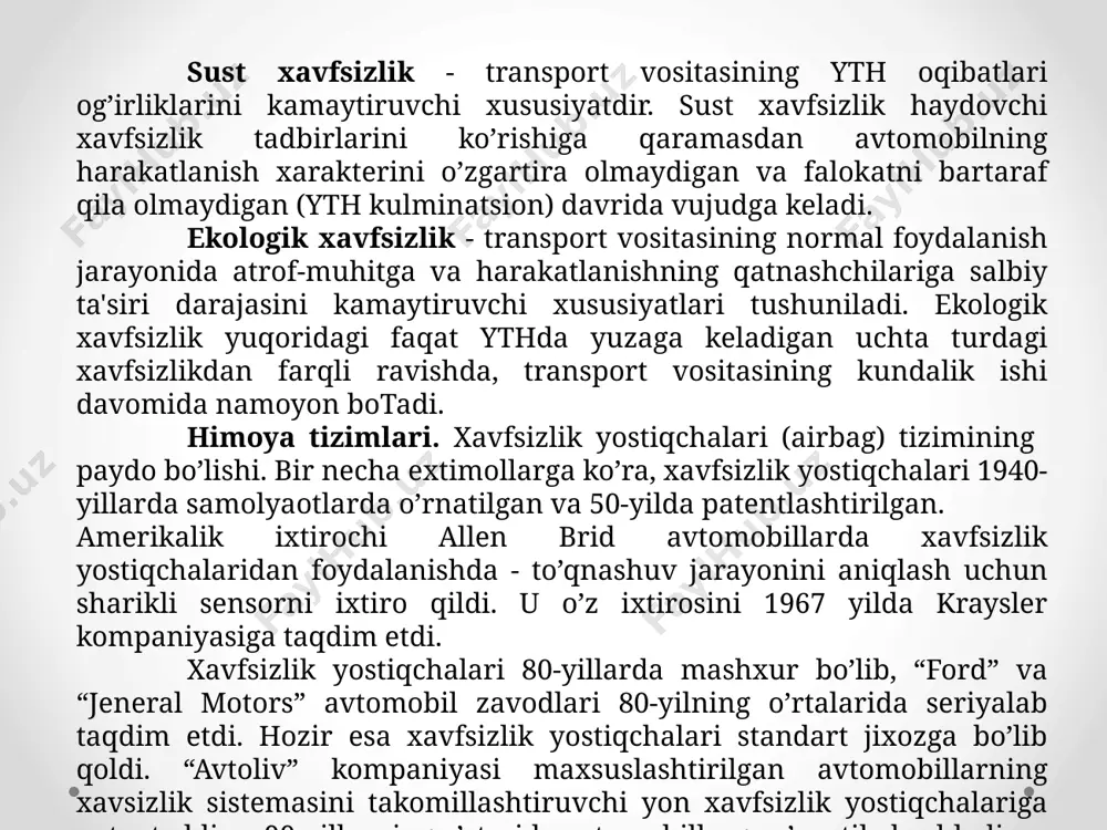 ral motors” avtomobil zavodlari 80-yilning o’rtalarida seriyalab taqdim etdi. hozir esa xavfsizlik yostiqchalari standart jixozga bo’lib qoldi. “avtoliv” kompaniyasi maxsuslashtirilgan avtomobillarning xavsizlik sistemasini takomillashtiruvchi yon xavfsizlik yostiqchalariga patent oldi va 90-yillarning o’rtasida avtomobillarga o’rnatila boshladi. haydovchi (mexanizator)ning toliqishi. ishlayotgan insonning funksional holatlari. transport vositalarini loyihalashda, loyihachining oldida yuklanish ta'sirlari joiz sohalarini aniqlash, mehnat va dam olishning optimal tartiblarini ishlab chiqish vazifalari turadi. bu masalalarni insonning faoliyati jarayonida paydo bo'ladigan o'ziga xoslik va har xil funksional holatlarning xususiyatlari haqidagi ma'lumotlar yordami bilan yechish mumkin. funksional holatni organizmning funksional tizimlarini tashqi va ichki ta'sirlarga faoliyat jarayonida paydo bo'layotgan o'ziga xos javobi sifatida qarash mumkin. insonning har bir funksional holati turli-tuman ko'rinishlari bilan tavsiflanadi. har xil holatlar uchun asosiy psixik jarayonlarda siljishlar ma'lum o'ziga xos - sezish, diqqat, xotira, fikrlash, hissiyot-istak o'zgarishi. holatlar ko'psonli, ularga subyektiv kechinmalar kompleksi hamroh bo'ladi: toliqishda charchashlik, lanjlik, kuchsizlik; birxillikda - zerikish, loqaydlik, seruyqulik; baland emotsional kuchlanishda - …
