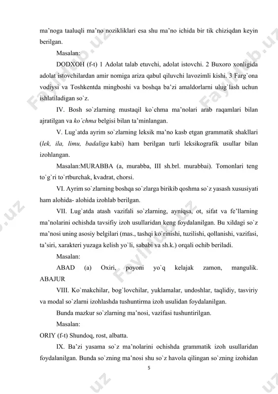 o`ldirish maqsadida izohlanuvchi so`zning antonimidan ham foydalanilgan bo`lishi kerak. masalan: zehniyat (a)… zindon (f-t)… daftarnavis (grek +f-t)… xiii. ma’nodoshlar boshqa turdagi izohdan keyin ham ishlatilgan. bunda ular izohni to`ldirish, ko`p ma’noli so`zlar ma’nolarini bir- biridan yaqqolroq faqlash uchun xizmat qiladi. masalan: vallomat valine’mat. 1.oqsoqol, boshliq, amaldor. 2. sarboz, yigit. 3. oz mehnati singmagan narsalarga, birovnikiga saxiylik, xo`jayinlik qilaveradigan odam; errayim. lug`at izohli lugatning bir ko`rinishi. 1. so'zlarning o'zaro sintaktik munosabatga kirishuvi. gapda so'zlar ma'lum qoidalar asosida bir-biri bilan bog'lanadi. suzlarning sintaktik munosabatlari har bir tilda turli vositalar yordamida ifodalanadi. o'zbek tilida so'zlar quyidagi vositalar yordamida aloqaga kirishadi: 1. affikslar. affikslar so'zlarning sintaktik munosabatga kiritishda keng qo'llaniladi. so'z o'zgartiruvchi affikslar, egalik qo'shimchalar, turlovchilar, (kelishik qo'shimchalar), tuslovchilar ana shunday vazifani bajaradi. ular so'zlarning gramatik formasini o'zgartiradi va bir so'zni boshqa bir so'zga bog'laydi hamda so'zlarning gapdagi vazifasini belgilab beradi. masalan: “men namanganga qaytib ketaman ” gapida –ga jo'nalish kelishigi qo'shimchasi namangan so'zini …