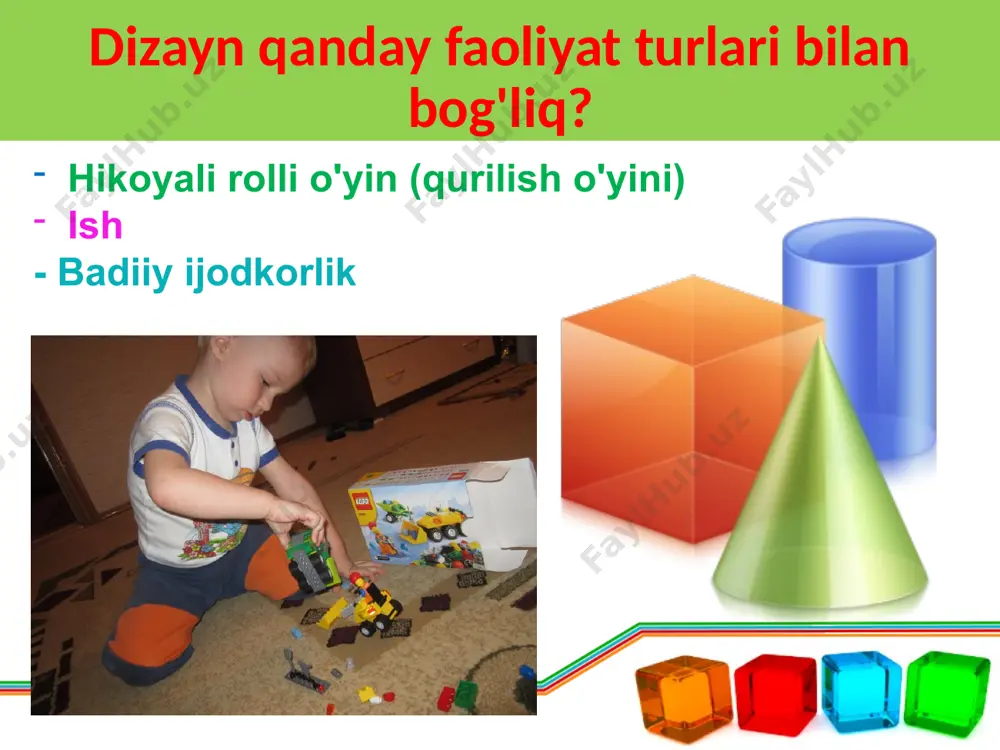 urakkab vazifalarni yaxshi ko'radilar. ular o'z-o'zini nazorat qilishni rivojlantiradilar (xatolarni o'zlari topadilar va tuzatadilar), binolarni o'zlari rejalashtiradilar va ularni baholaydilar. binolar murakkab: ular qal'alar, mahallalar, bir nechta qo'g'irchoqlar uchun uylar, ko'p qavatli avtoturargohlar, engil va og'ir inshootlar quradilar. men birga ishlashni, bir-birimizga yordam berishni va birga binolar bilan o'ynashni yaxshi ko'raman. binoning dizayni va qanday qurilishi haqida gapiradilar . o'qituvchi individual dizayn texnikasini taklif qiladi va bilvosita yordamdan foydalanadi. diagramma va rasmlardan foydalaning. olti burchakli prizma va kamar paydo bo'ladi. ular dizaynni modellashtirish va chizish bilan birlashtiradi. dizaynning barcha turlari. tayyorgarlik guruhida qurilish - binolar murakkablashib bormoqda. qurilish to'plami turli xil geometrik shakllarni o'z ichiga oladi. o'qituvchi bolalarning e'tiborini qismlarni mahkamlash usullariga, bir xil tuzilmalar va inshootlarning turli xil versiyalariga, badiiy va me'moriy fazilatlarga qaratadi. bolalar ko'rgan narsalarini sharhlashlari, o'z ishlarini va o'rtoqlarining ishlarini tahlil qilishlari kerak. ular tasavvurga ko'ra, chizmalarga ko'ra, fotosuratlarga ko'ra loyihalashadi. kollektiv dizayn. asarlar ko'rgazmalarini tashkil …