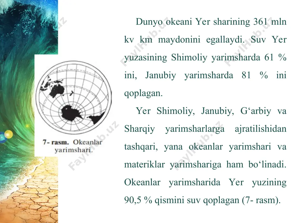 . 56. kosmonavtlar. 57. riser-larsen. shimoliy muz okeani dengizlari: 58. grenlandiya. 59. norvegiya. 60. oq. 61. barens. 62. kara. 63. laptevlar. 64. sharqiy sibir. 65. chukotka. 66. bofort. 67. baffin. berk havza dengizlari: 68. kaspiy. 69. orol. atlantika, hind, shimoliy muz) okeanlarga ajratishgan. hozirgi paytda beshinchi — janubiy muz okeanini ham ajratish haqida fikrlar bor. dunyo okeanida jami 67 ta, quruqlikda esa 2 ta (kaspiy va orol) dengiz ajratilgan (8- rasm).