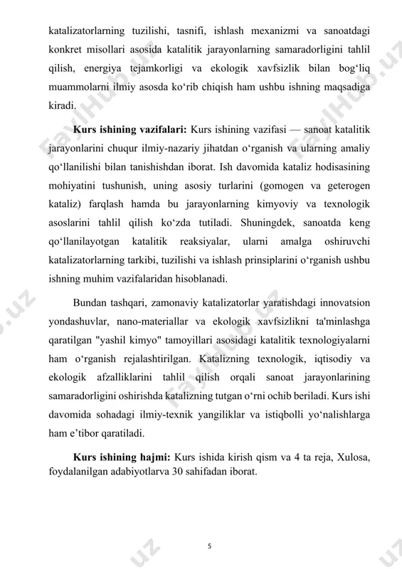 od olishda, benzin fraksiyalarini qayta ishlashda (kraking, reforming), avtotransport chiqindilarini zararsizlantirishda va ko‘plab boshqa jarayonlarda kataliz asosiy texnologik yechim hisoblanadi. sanoat katalitik jarayonlarining ilmiy asoslarini o‘rganishda reaksiya kinetikasi, sirt hodisalari va termodinamik analiz muhim rol o‘ynaydi. katalizator yuzasida sodir bo‘ladigan adsorbsiya, reaktsion markazlarda moddalarning faollashuvi, oraliq komplekslarning hosil bo‘lishi va mahsulotlarning desorbsiyasi kabi bosqichlar har tomonlama nazariy va eksperimental usullar bilan tadqiq qilinadi. ayniqsa, geterogen katalizda sirt strukturasining kristallografik xususiyatlari, elektron tuzilma va fazoviy holat reaksiya faolligiga bevosita ta’sir ko‘rsatadi. shu sababli zamonaviy katalizatorlar maxsus sintez usullari, nano-materiallar asosida yaratilmoqda va ularda faollikni oshirish uchun atomar darajadagi dizayn ishlari olib borilmoqda. zamonaviy katalizatorlar sifatida zeolitlar, metall oksidlar, nanozarralar, kompozit materiallar va metall-organik karkaslar (mof) keng qo‘llanmoqda. bunday materiallar yuqori yuzali maydon, kuchli faol markazlar, yuqori harorat va kimyoviy moddalarga nisbatan barqarorlik xususiyatlariga ega bo‘lib, ularni sanoat sharoitida samarali ishlatish imkonini beradi. shuningdek, katalizatorlarni loyihalashda sun’iy intellekt, kompyuter simulyatsiyalari, kvant mexanikasi …