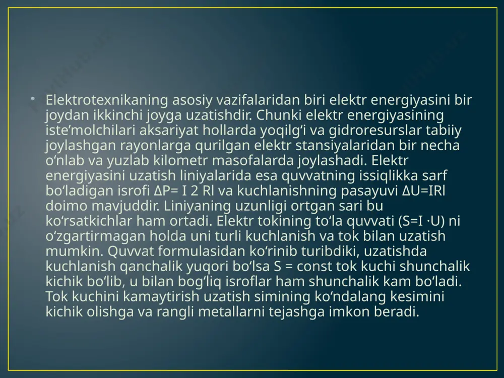 a konstruktiv qismlaridan iborat. bu qo’shimcha yo’qotishlar 100000 kva kuchlanishdagi transformatorda va 20-25 li qisqa tutashuvlarda bo’ladi f.i.k salt ishlash yo’qotishlari misdagi yo’qotishlarga teng bo’lganda maksimal holatga etadi. bunda px nom pk ,nom 2  ya’ni doimiy yo’qotishlar tenglashganda yuklamaga bog’liq bo’lmagan doimiy yo’qotishlar px,nom – yuklamadagi o’zgaruvchan isrof pk,nom 2  transformatorda misdagi isrof salt ishlash isrofi va misdagi isrofning tengligidan quyidagi kelib chiqadi. = transformatorlarni loyihalashda mis va po’tatdagi isroflar orasidagi bog’liqlikni ya’ni ularning massalari orasidagi bog’liqlikni o’zgartirish mumkin. fikni maksimal qiymatga etkazish uchun peregruzka vaqtida uning cho’lg’amlariga ko’proq mis o’rash kerak ya’ni cho’lg’amlarda tok zichligini kamaytirish lozim. bunday transformatorlar qimmat turadi reaktiv quvvat uzatilayotganda cos𝞅 kamayganda fik ham kamayadi.(6.4 rasm) odatda transformatorlar sutka va yil davomida bir tekisda yuklanmaydi. chunki tunda, yoz faslida kuz qish paytlarida elektr energiya iste’moli max darajaga etadi. shuning uchun energo tizimida transformatorlardan foydalanishni baholashda yillik fik haqida so’z yuritiladi xulosa: transformator elektrotexnikaning …