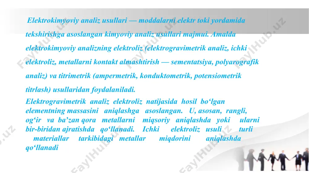 ; 6–mis tuzi eritmasi. znso4 va cuso4 eritmalariga tushirilgan zn va cu elektrodlari galvanik elementning elektrodlari hisoblanadi. unda quyidagi oksidlanish qaytarilish reaksiyalari sodir bo‘ladi: zn0 – 2e- → zn2+ oksidlanish jarayoni│anod (-) cu2+ + 2e- → cu0 qaytarilish jarayoni │katod (+) zn+cuso4 → cu0+ znso4 galvanik elementlarni elektrokimyoviy sxemalar bilan tasvirlash qabul qilingan: yutuqlari afzalliklarii yuqariligi sezgirlik: elektrokimyoviy analizlar juda past konsentratsiyalardagi ionlar yoki molekulalarni ham aniqlashga imkon beradi. bu, ayniqsa, analitik kimyoviy tahlilni talab qiladigan ilovalar uchun muhimdir. tez va oson foydalanish: elektrokimyoviy asboblar juda ko'p hollarda avtomatlashtirilgan va yuqori tezlikda ishlaydi, bu esa tahlilni tez va aniq amalga oshirish imkonini beradi. keng qo'llanilishi: elektrokimyoviy analiz usullari ko'plab sohalarda, masalan, tibbiyot, ekologiya, farmatsevtika va sanoat kimyosida keng qo'llaniladi. oson portativlik: ba'zi elektrokimyoviy analiz usullari portativ asboblar yordamida ham amalga oshirilishi mumkin, bu esa maydon sharoitlarida ham tahlil qilish imkonini beradi. nozik va aniqlik: elektrokimyoviy usullar yuqori aniqlik va noziklikni …
