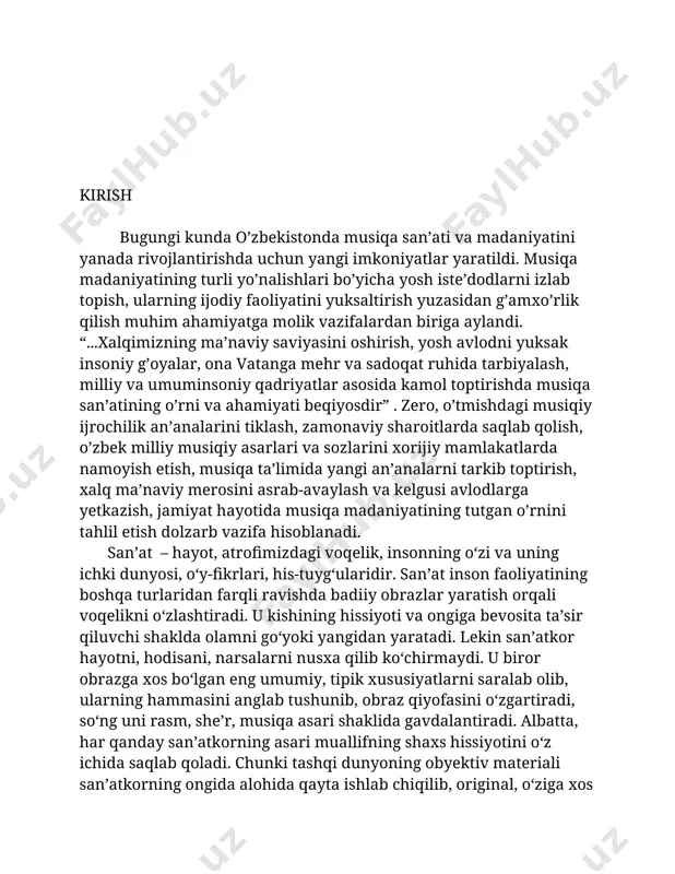 chi estetik tarbiyaning samarali quroli hisoblanadi. musiqaning o‘zi, uning yaratuvchilari, ijro etuvchilari, tinglovchilaridan iborat musiqa madaniyati jamiyat madaniyatidagi muhim bir sohadir. musiqa boshqa san’at turlari bilan hamohang bo‘lishi shubhasiz. ularning jonli aloqalari musiqaga xos intonatsion asosi adabiyot bilan yaqinligi, uning ritmik uyushqoqligi she’riyat va raqs san’atiga o‘xshashligida, asarlarning mutanosib tuzilishi arxitektura shakllariga muvofiqligida ko‘rinadi. yana shuni ta’kidlash joizki, ko‘pincha adabiyot, tasviriy san’at, haykaltaroshlik asarlari musiqiy asarlar yaratilishi uchun badiiy asos sifatida xizmat qiladi. musiqa hamisha musiqiy obrazlar orqali ochib beriladigan u yoki bu mazmunga ega bo‘ladi. bular tabiat manzaralari, ijtimoiy hayotdagi hodisa va vaziyatlar, insonning ichki ma’naviy olami. i bob intervallarning tuzilish jihatidan qonuniyatlar 1.1. intervallarning son va sifat miqdori musiqa – borliqni, uning barcha rang-barangligi bilan badiiy obrazlarda namoyon qiluvchi, unda ro`y berayotgan voqealarga nisbatan insonning munosabatlarini aks ettiruvchi san’atning bir turidir. shu bilan birga musiqa boshqa san’at turlaridan farq qiladi, chunki uning asosiy “qurilish ashyosi” tovushdir. bir vaqtda …