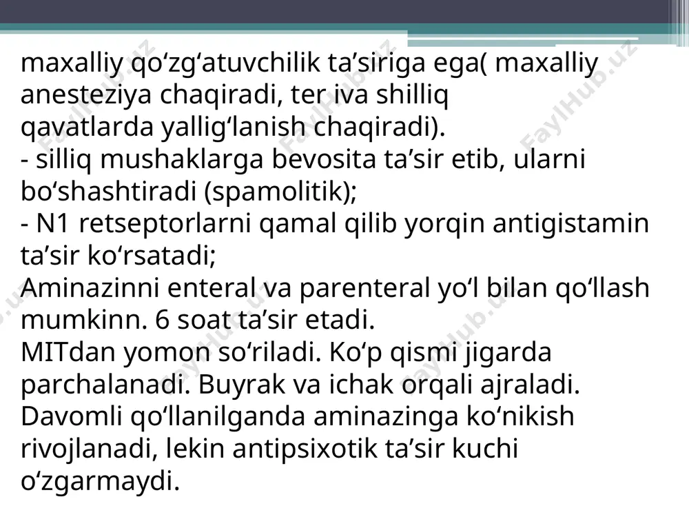 li anksiolitik. tez rivojlanuvchi va kuchli sedativ, miorelaksantlik va tirishishga qarshi ta’sirga ega. mitdan yaxshi suriladi, tez parchalanadi, kam zaxar. parenteral qo‘llanganda anterograd amneziya rivojlanadi. reanimatsiya anjomlari bo‘lmagan sharoitda parenteral ko‘llash mumkin emas. ko‘rsatmalar:premedikatsiya, kirish va kombinatsiyalangan narkoz uchun. xomilador, emizuvchi ayollarda, keksalarda, surunkali o‘pka, buyrak va jigar etishmovchiligida qo‘llash mumkin emas. noxush ta’siri: qon bosimini tushishi, taxikardiya, apnoe, nafas buzilishi. davomli ko‘llansa abstenensiya simptomi rivojlanadi. meprotan-propanidiolning karbamin efiri bo‘lib, kichik anksiolitiklarning eng birinchisi hisoblanadi. markaziy miorelaksantlik, mns tinchlantiruvchi hamda uxlatuvchi va og‘riqsizlantiruvchi vositalarning ta’sirini kuchaytiradi. tirishishni bartaraf etadi. vegetativ nerv sistemasini, yurak-qon-tomir sistemasiga, nafas a’zolariga va silliq mushaklarga ta’sir ko‘rsatmaydi. tana haroratini biroz pasaytiradi. nevroz va shunga o‘xshash serjahllik, emotsional qo‘zg‘alish, qo‘rquv, betoqatlik, uyquning buzilishi va mushaklarning tonusini ortib ketishi bilan kechadigan holatlarda tinchlantiruvchi vosita sifatida samaradordir. bemorlar meprotanni yaxshi qabul qiladilar. meprotan kayf chaqirishi mumkin. qo‘llanilishi va ehtiyot chora tadbirlari boshqa anksiolitiklarnikiga o‘xshash. sedativ vositalar oliy nerv faoliyatiga …