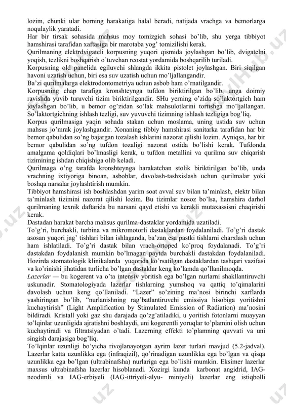 yoritgichning ushlovchi qismi bir qancha sharnirli birlashmalar bilan mahkamlangan bo’lib, bu yoritgichni turli tarafga surish imkoniyatini beradi. yoritgich dastasiga ventilyator biriktirilgandir. korpus panelining yuqori qismiga aylana disk va boltlar yordamida qattiq dasta birlashgandir. bu dasta bir qancha tirsak va roliklardan iboratdir. bu dasta roliklari orqali qurilmaning elektrmotoridan harakat dastakka mahsus shnur orqali uzatiladi. tibbiyot hamshirasi doimo shu shnurga ahamiyat berishi lozim. shnur doimo tarang holda turishi lozim. shnurning tarangligi dastaning birinchi tirsagidagi mahsus shayba yordamida boshqariladi, soat strelkasi bo’yicha buralganda shnur taranglashadi, qarama-qarshi yo’nalishda buralganda shnur bo’shashadi. shnur aylanib qolmasligi va uning ustki yuzasining butunligi buzilmasligi kerak. nuqsonli shnurlar darhol o’zgartirilishi lozim, chunki ular borning harakatiga halal beradi, natijada vrachga va bemorlarga noqulaylik yaratadi. har bir tirsak sohasida mahsus moy tomizgich sohasi bo’lib, shu yerga tibbiyot hamshirasi tarafidan xaftasiga bir marotaba yog’ tomizilishi kerak. qurilmaning elektrdvigateli korpusning yuqori qismida joylashgan bo’lib, dvigatelni yoqish, tezlikni boshqarish o’tuvchan reostat yordamida boshqarilib turiladi. …