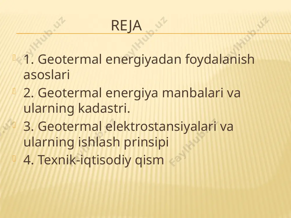 r qa’ridagi suvlarning temperaturasi 1 ˚c ga oshar ekan. ba’zi bir joylarda ular 200 – 300 m chuqurlikda xam (kamchatka, kuril orollarida) joylashishi mumkin. kam holatlarda ular issiq bug‘li buloqlar shaklida ham uchraydi. dunyodagi geotermal suvlardan olinadigan energiya miqdori 60.000 mvt ni tashkil qiladi. 1984 yilda geotermal suvlardan faqatgina 1800 mvt energiya olingan shulardan: amerika-500; italiya-420; meksika-75; yaponiya-70. yerning ichki tuzilishi yerdagi ichki harorat yerdagi ichki harorat c c c c c c geotermal elektrostansiyalari va ularning ishlash prinsipi geotermal energiya ikkita asosiy usulda - elektr energiyasini ishlab chiqarish va turli ob'ektlarni isitish uchun ishlatilishi mumkin. agar isitish muhitining harorati 150 ° c dan yuqori bo'lsa, geotermal issiqlik elektr energiyasiga aylanishi mumkin. bu yerning ichki hududlarini isitish uchun ishlatish eng foydali va samarali, shuningdek, juda hamyonbop hisoblanadi. to'g'ridan-to'g'ri geotermal issiqlik, haroratga qarab, binolarni, issiqxonalarni, suzish havzalarini isitish, qishloq xo'jaligi va baliq mahsulotlarini quritish, eritmalarni bug'lash, baliq, qo'ziqorinlarni etishtirish va boshqalar …