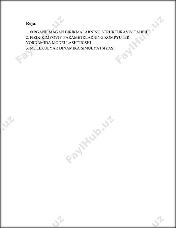 b kelish mumkin bo'ladi. yangi tahlili metodlar va yo'nalishlar bu borada ham yanada ulkan yaratuvchanlikka erishish imkonini beradi. 2. fizik-kimyoviy parametrlarning kompyuter yordamida modellashtirishi fizik-kimyoviy parametrlarning kompyuter yordamida modellashishi (simulyatsiya qilish) zamonaviy ilm-fan va texnologiyaning muhim yo'nalishlaridan biridir. modellash jarayoni fizik va kimyoviy tizimlarning yoki jarayonlarning matematik tavsifini yaratishga, keyinchalik esa ushbu model asosida ma'lumotlar va natijalarni olishga imkon beradi. bunda kimyo, fizika va informatika fanlari birlashib, yangi usullar va algoritmlar yordamida tadqiqotlar olib boriladi. 1. **fizik va kimyoviy parametrlarni tavsiflash**: tabiatda uchraydigan ko'plab jarayonlar aniq fizik va kimyoviy parametrlar orqali tavsiflanadi. masalan, harorat, bosim, hajm, massa, moddaning konsentratsiyasi va hokazo. bunday parametrlar kimyoviy reaksiyalar, issiqlik o'tkazuvchanligi, moddalar diffuziyasi kabi jarayonlarni aniqlashda asosiy rol o'ynaydi. 2. **kompyuter modellashining ahamiyati**: murakkab fizik-kimyoviy jarayonlarni real sharoitlarda o'rganish har doim ham oson emas. shuning uchun bu jarayonlarni yozma modellarga aylantirish va keyin kompyuter yordamida simulyatsiya qilish samarali yondashuvdir. modellarni yaratish jarayonida turli matematik …