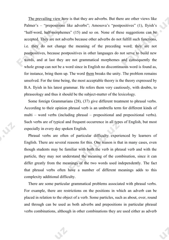 ts, others are normally used with pronouns as objects. there are other difficulties such as the fact that there are frequently strong collocation associations between phrasal verbs and other words. thus, in some cases a particular word or small set of words is the only one normally found as the subject or object of a particular verb. according to our classification all phrasal verbs fall under 3 main types (and 6 subtypes-from the viewpoint of verb transitivity): 1. free nonidiomatic constructions, where the individual meaning of the components are preserved as in look over (=inspect), set up (=organize). the individuality of the components appears in possible contrastive substitutions: bring in (out), take in (out) etc. 2. “semi-idiomatic” constructions which are variable but in a more limited way. the relation between the verb and particle is similar to be​tween a stem and an affix in form formation in that the substitution …